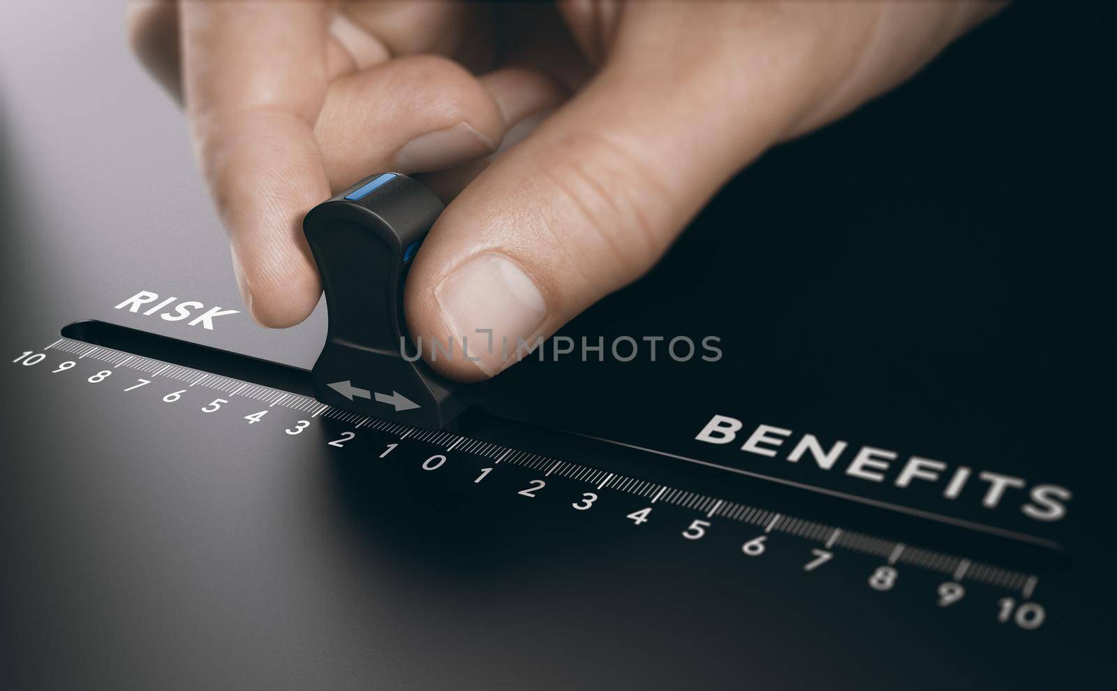 Man monitoring risk and benefits in inverstemt or medicine by sliding a controler. Composite image between a 3d illustration and a photography.