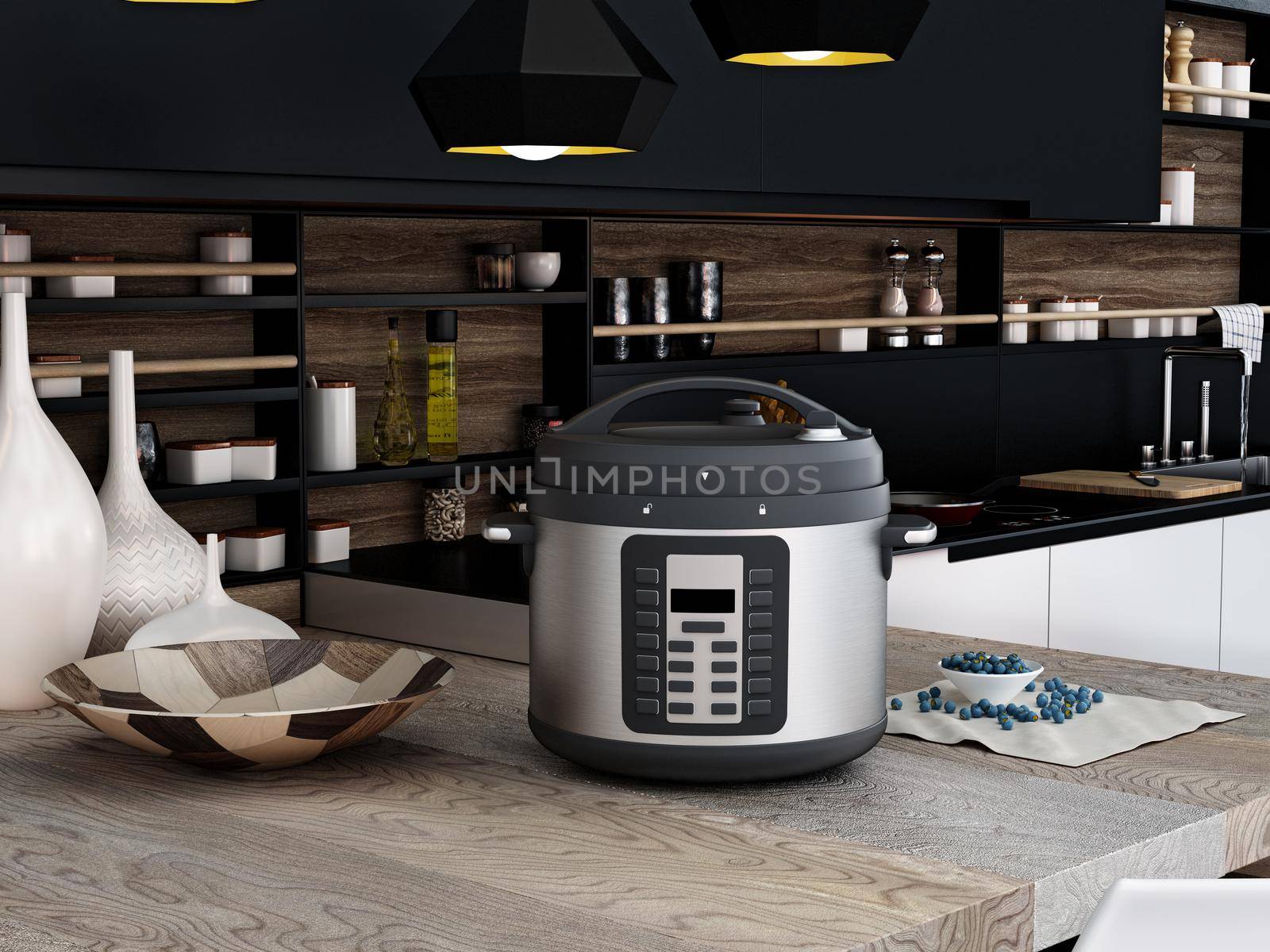 Electric pressure cooker in the kitchen. 3D illustration.