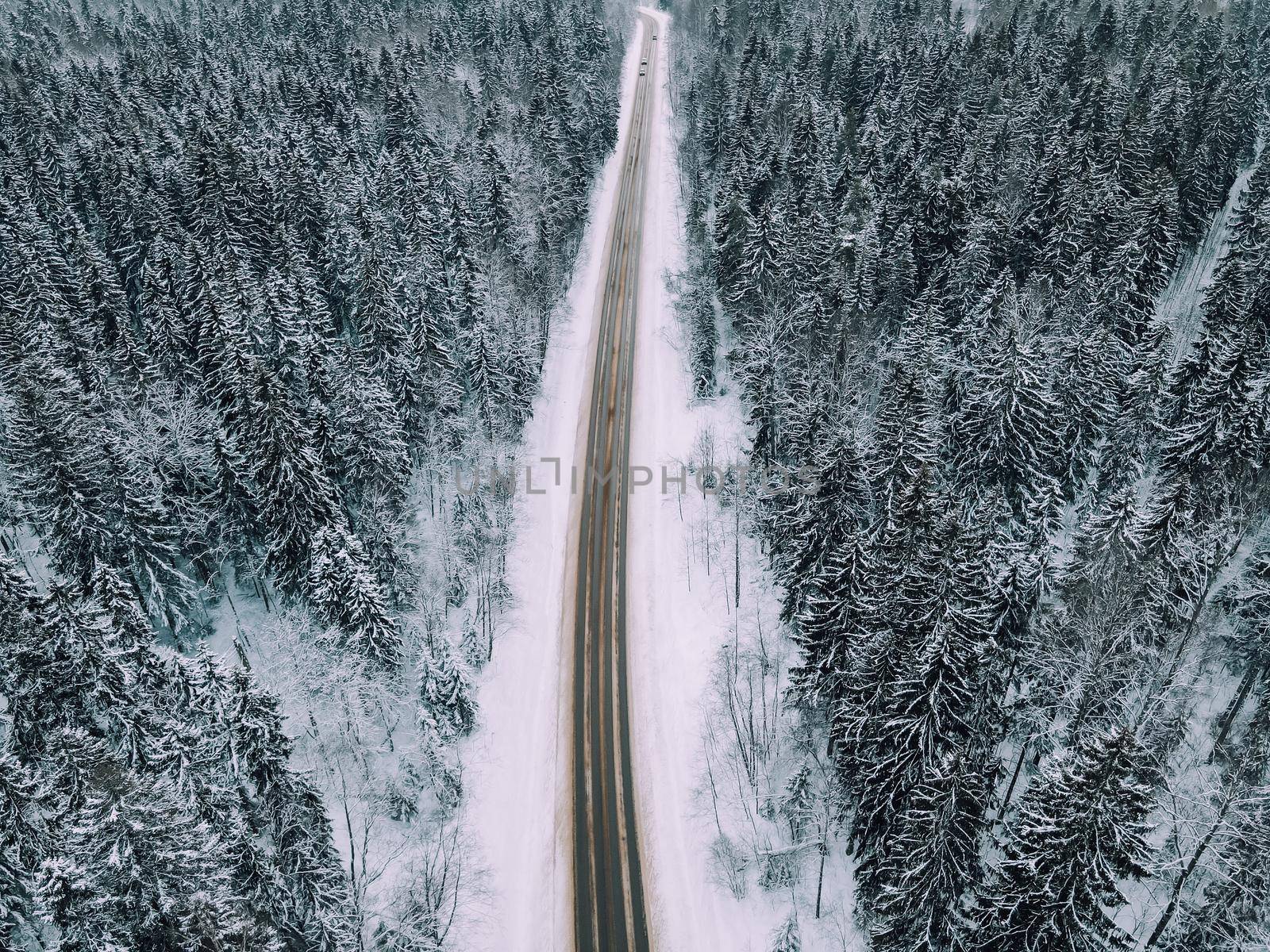 Winter snow road from above . Natural natural background. Copy Space