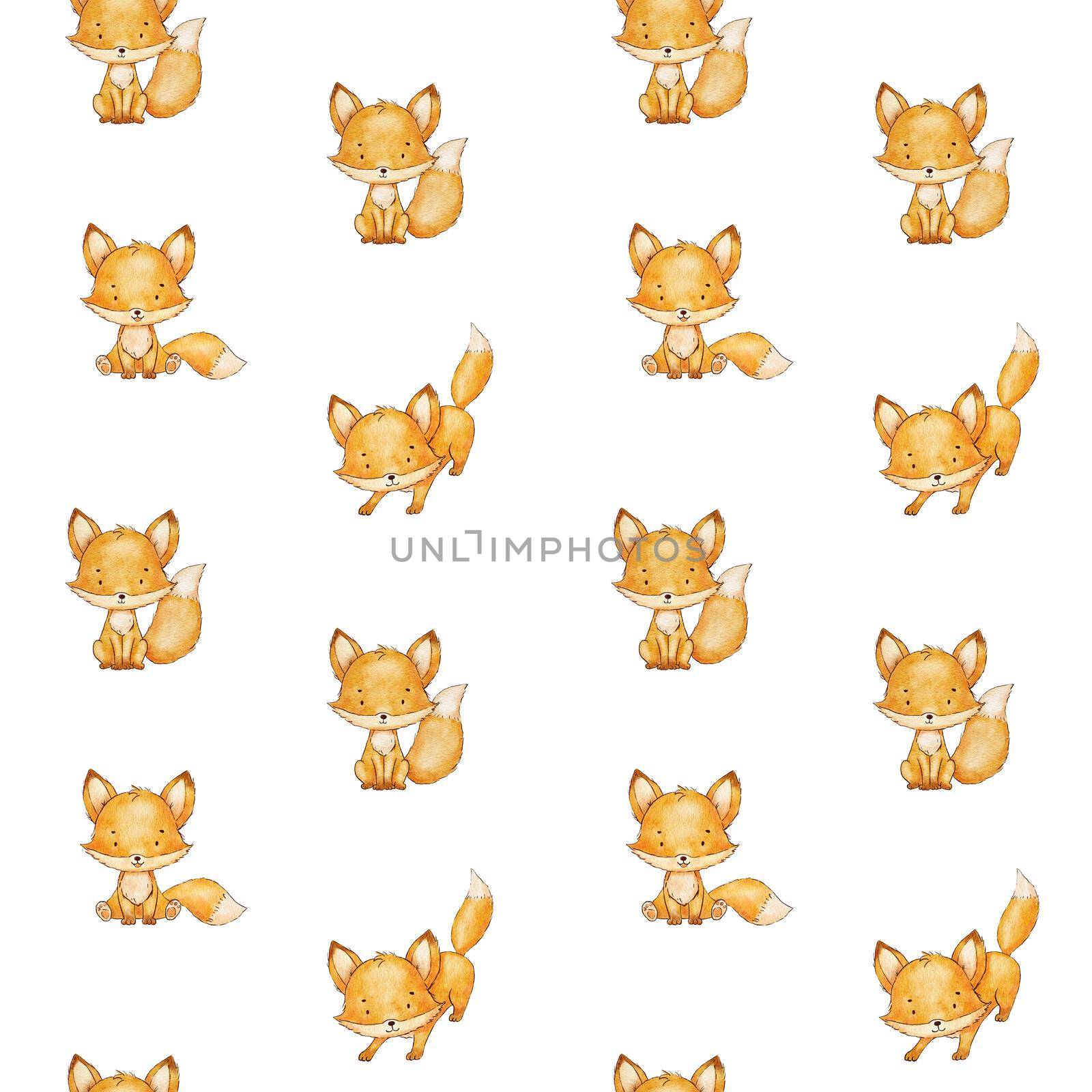 Cute baby fox. Watercolor childish seamless pattern on white. Woodland little animal background