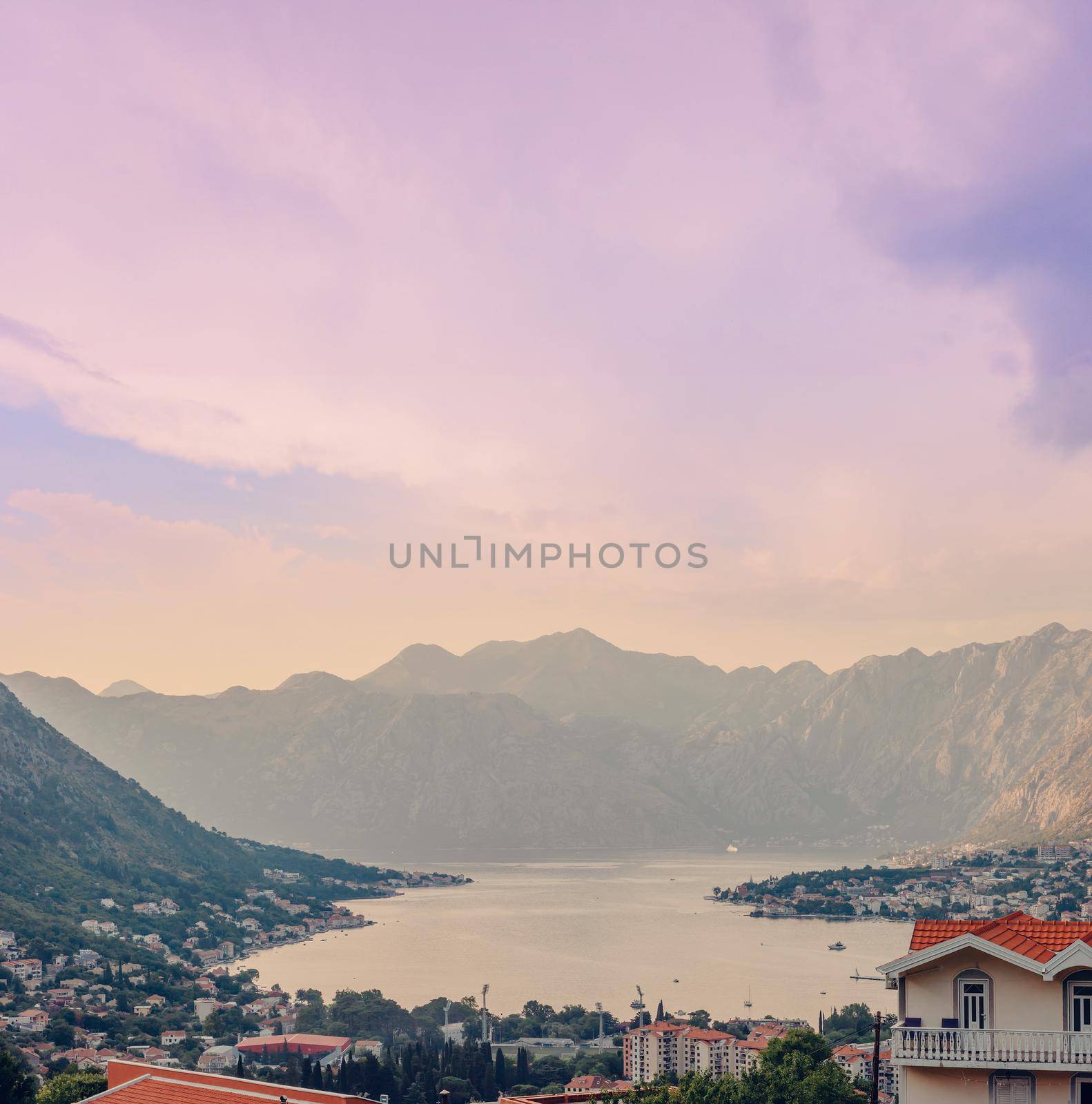 Sunset at Kotor Bay Montenegro. Sunset beautiful landscape. Travel concept. Montenegro, Kotor Bay. View of the sunset in Boko-Kotor Bay in Montenegro. by Andrii_Ko