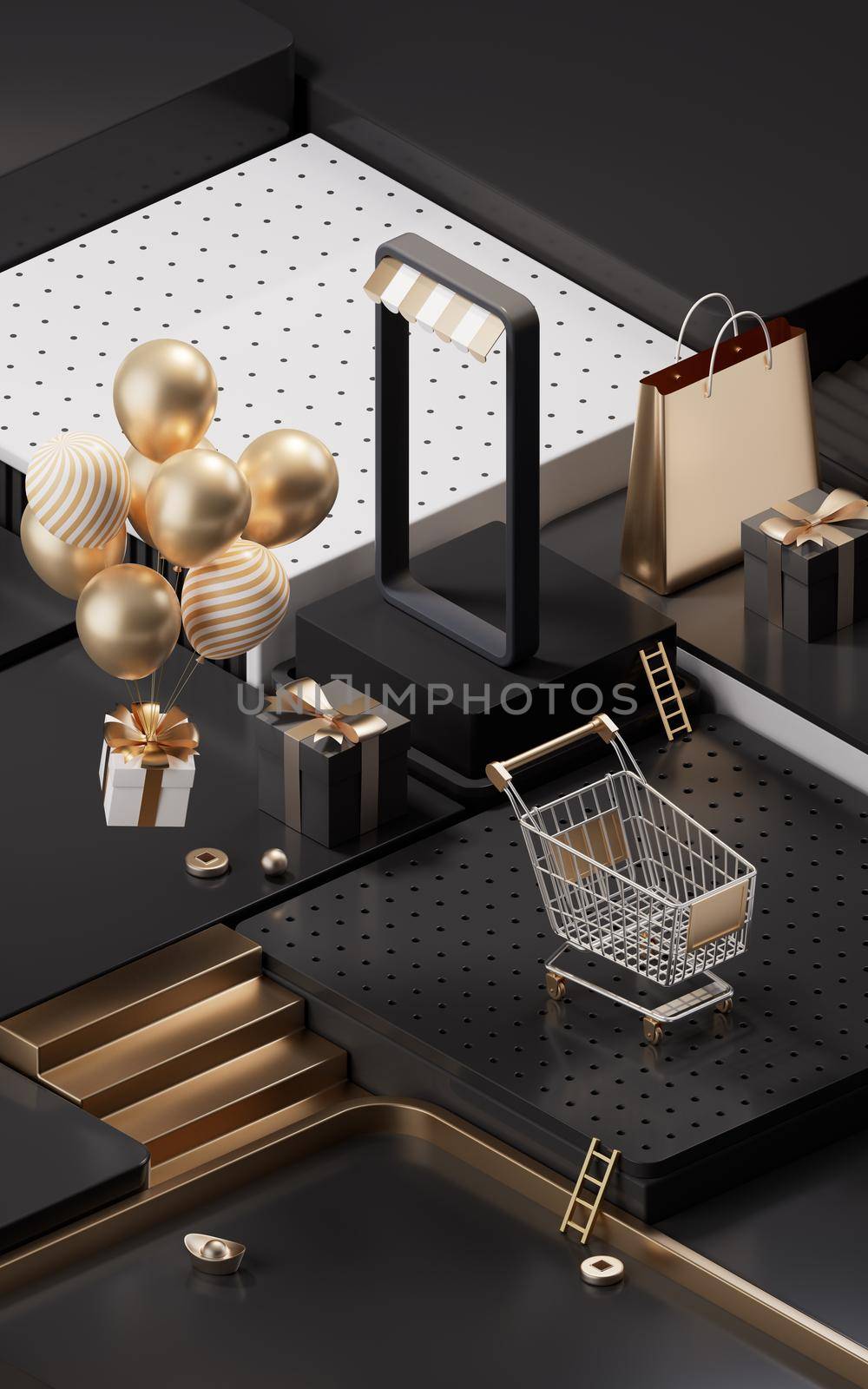 Shopping day activity with cube platform background, 3d rendering. Computer digital drawing.