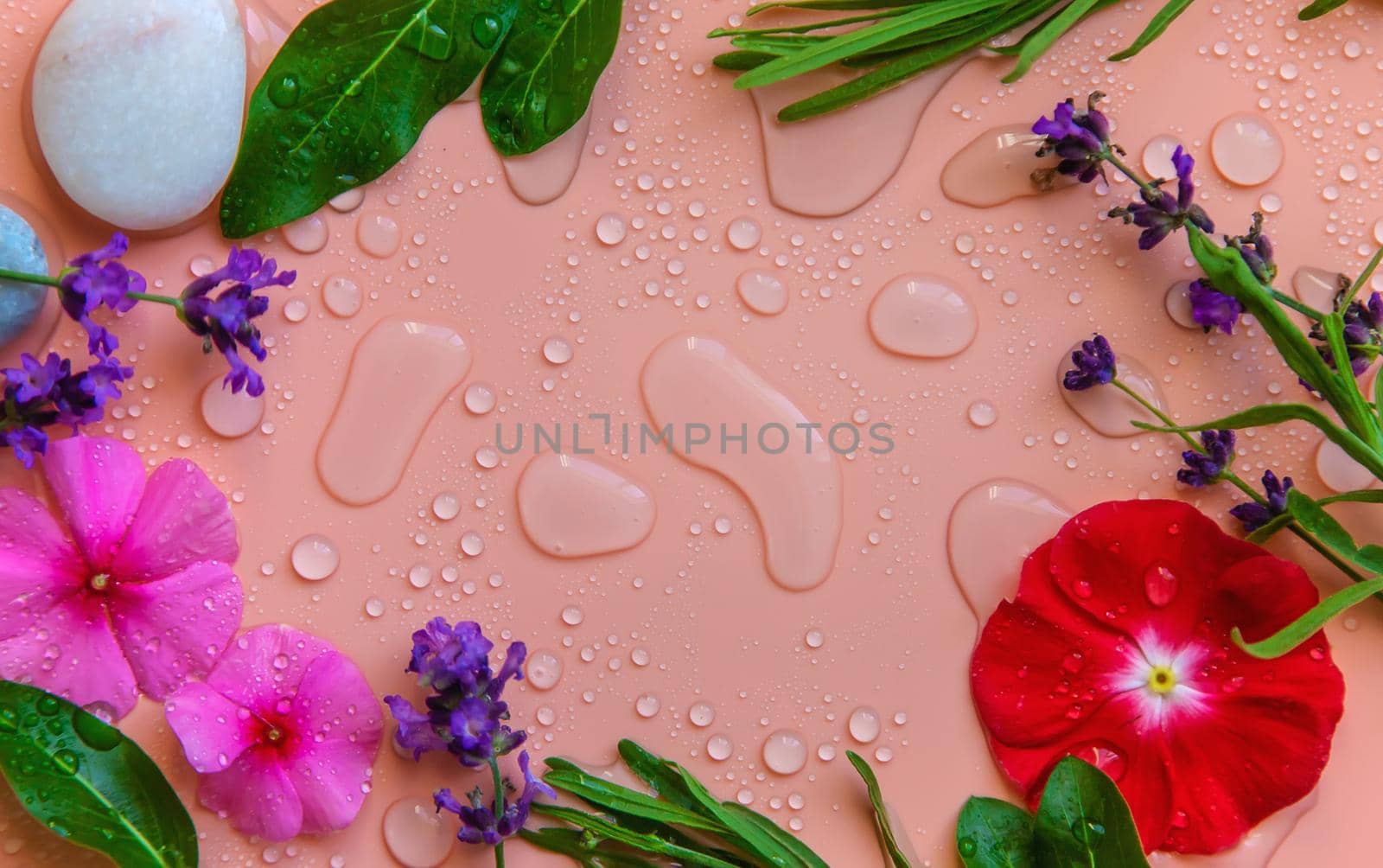 Background with water drops and flowers. Selective focus. by yanadjana