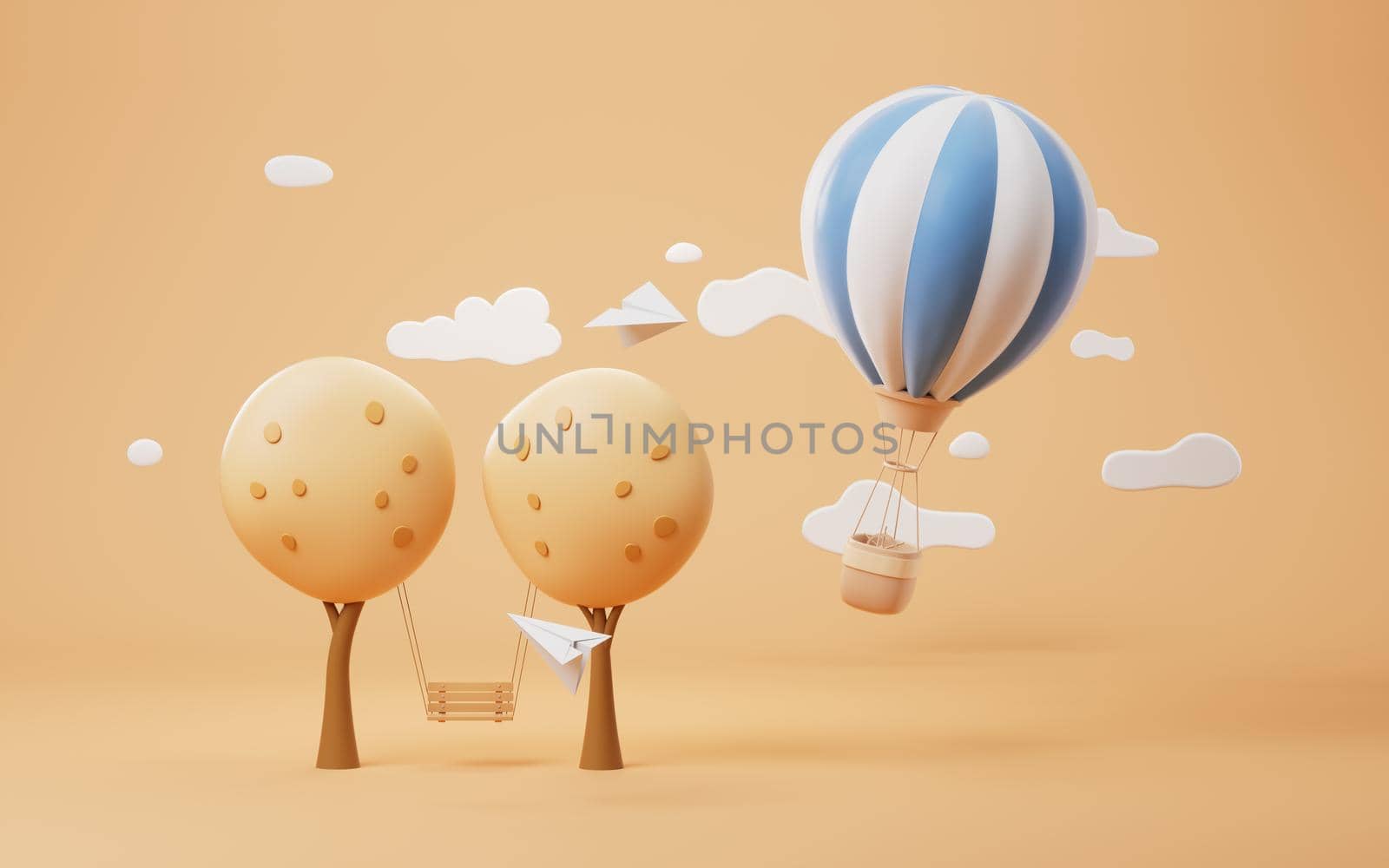 Cartoon hot air balloon with trees scene, 3d rendering. Computer digital drawing.