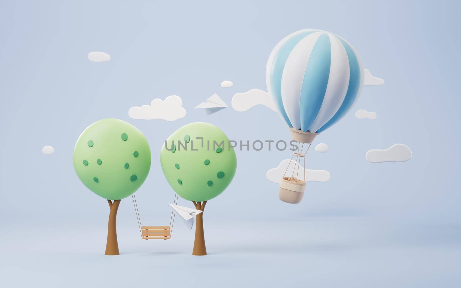 Cartoon hot air balloon with trees scene, 3d rendering. Computer digital drawing.