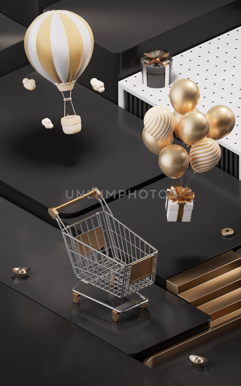 Shopping day activity with cube platform background, 3d rendering. Computer digital drawing.