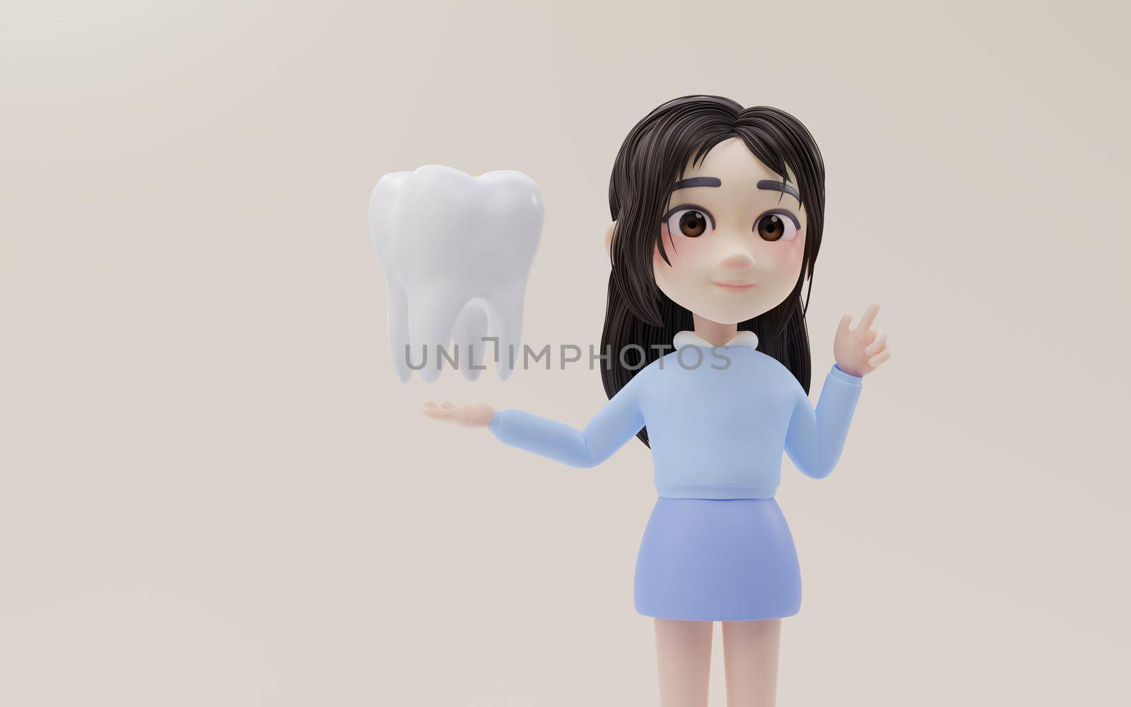 Little girl showing the tooth model with cartoon style, 3d rendering. by vinkfan