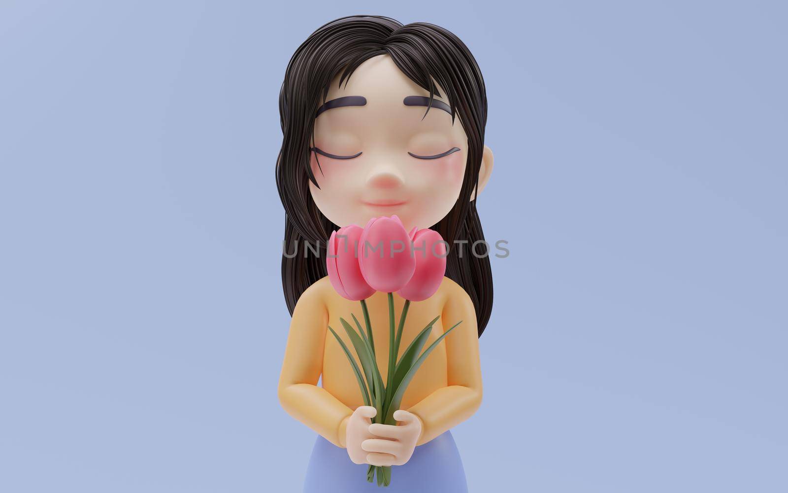 Little girl holding flower in her hand with cartoon style, 3d rendering. by vinkfan