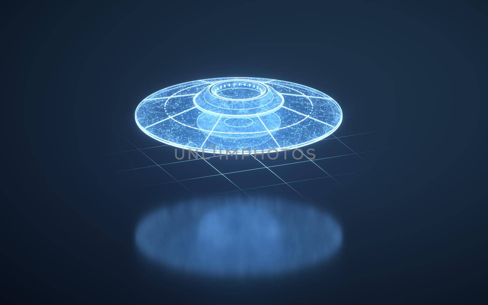 UFO with blue digital lines structure, 3d rendering. by vinkfan