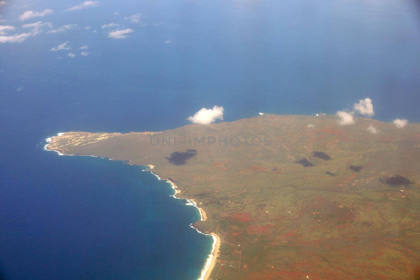 Aerial of Northwest tip of Molokai and surrounding area of island. 