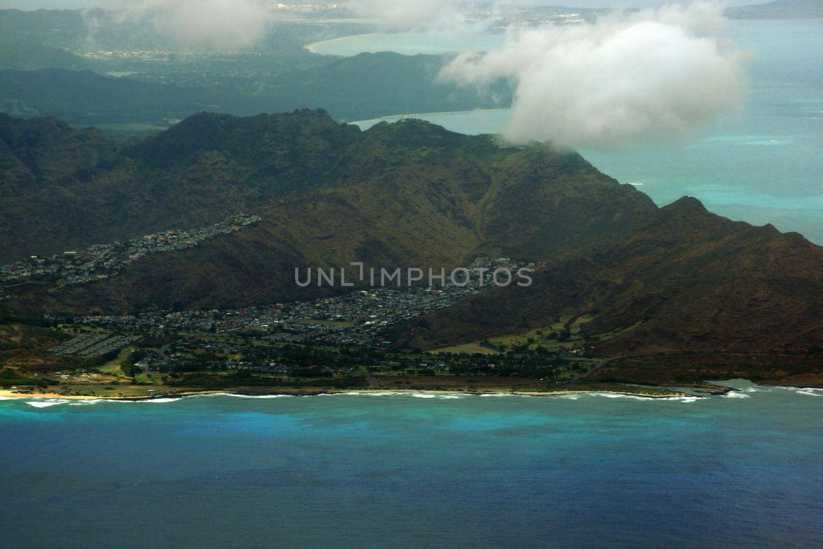 Aerial view of Sandy Beach and Koolua mountains on the south east corner of oahu by EricGBVD