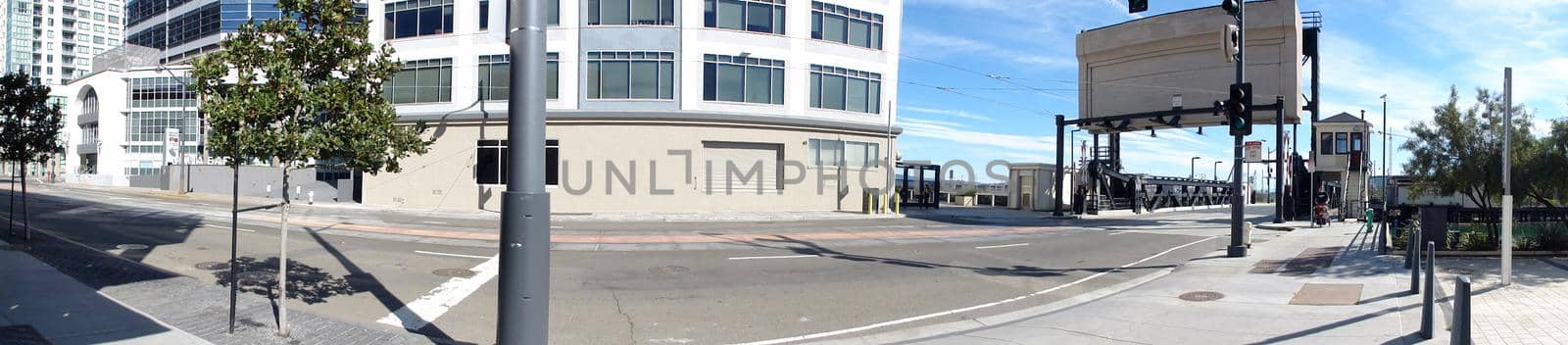Panorama of 4th Street and Bridge in Mission Bay, San Francisco. The 4th street bridge is a Warren truss Bascule bridge over China Basin on Fourth Street in San Francisco.   Built 1916, it is also carries the name of the Peter R. Maloney Bridge.
