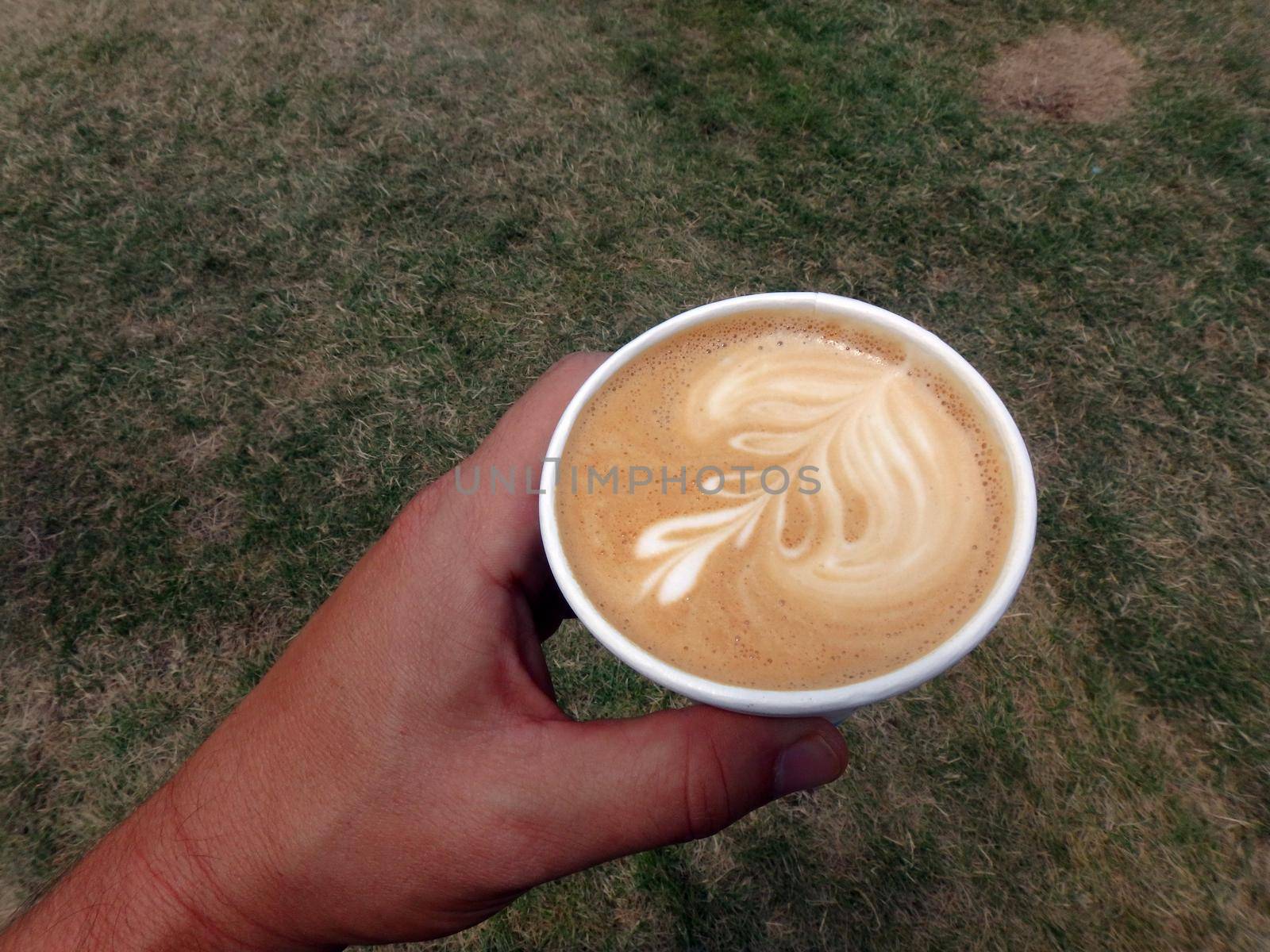 Hand holding a styrofoam cup of Cappuccino with a leaf pattern on grass field.