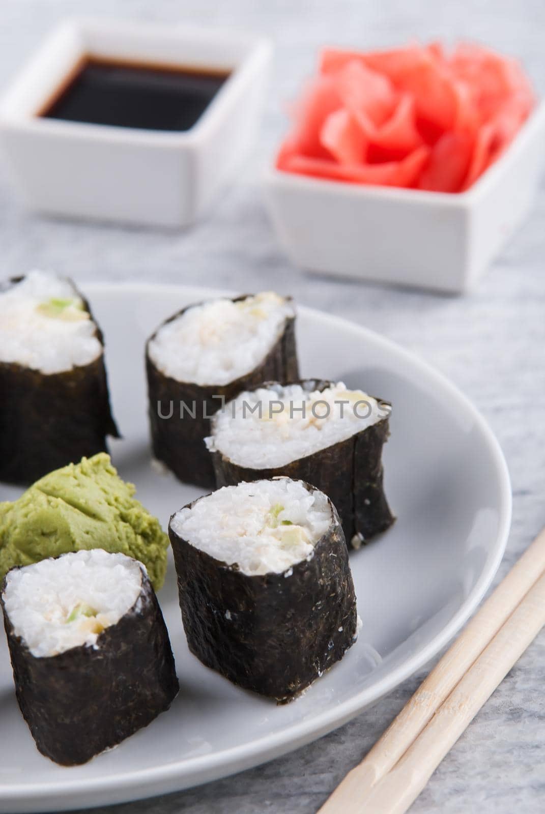 Set up of vegetarian sushi rolls. High quality photo