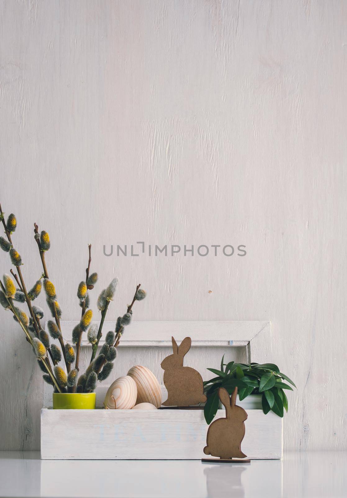 Easter decoration rabbit wooden eggs. High quality photo