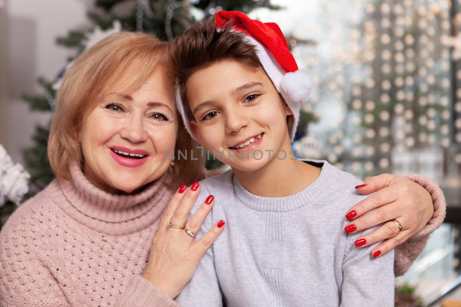 Happy young boy in Santa Claus hat smiling to the camera with his lovely grandmother. Family Christmas concept