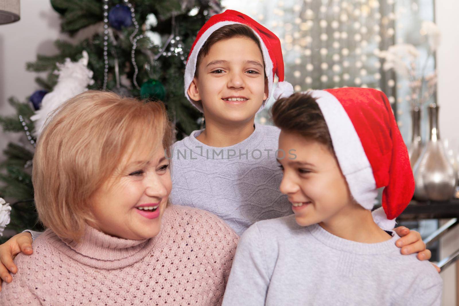 Cheerful little boy smiling to the camera hugging his twin brother and grandmother near Christmas tree