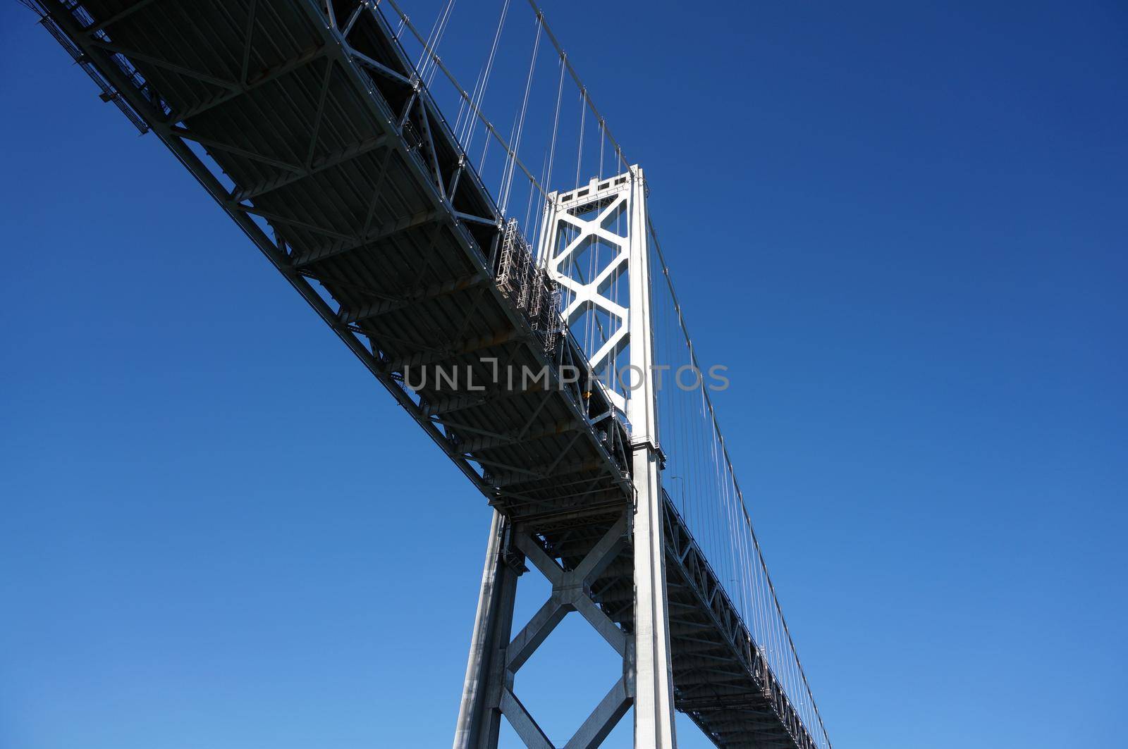 San Francisco Bay Bridge close up of middle of bridge from underneath from a boat sailing under.