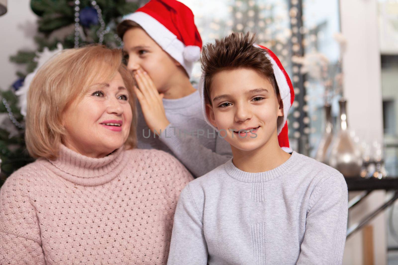 Lovely young boy smiling to the camera, wearing Santa Claus hat his brother whispering to grandmother on the background