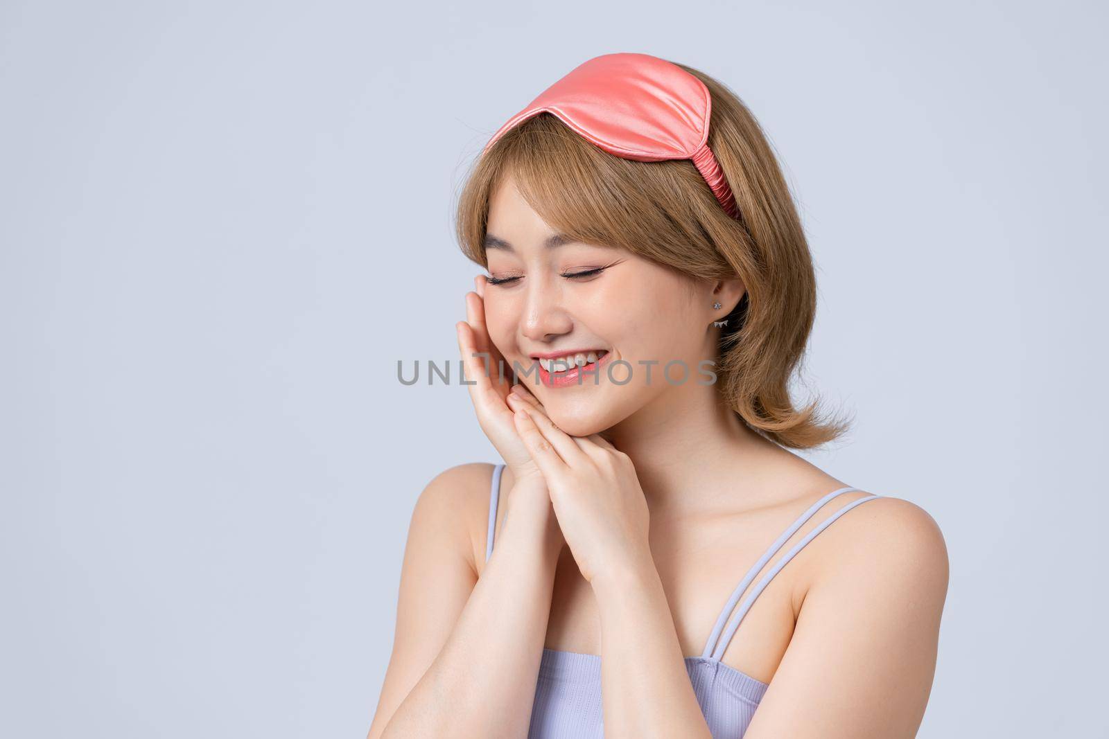 Sleepy beauty woman resting on hand with closed eyes.
