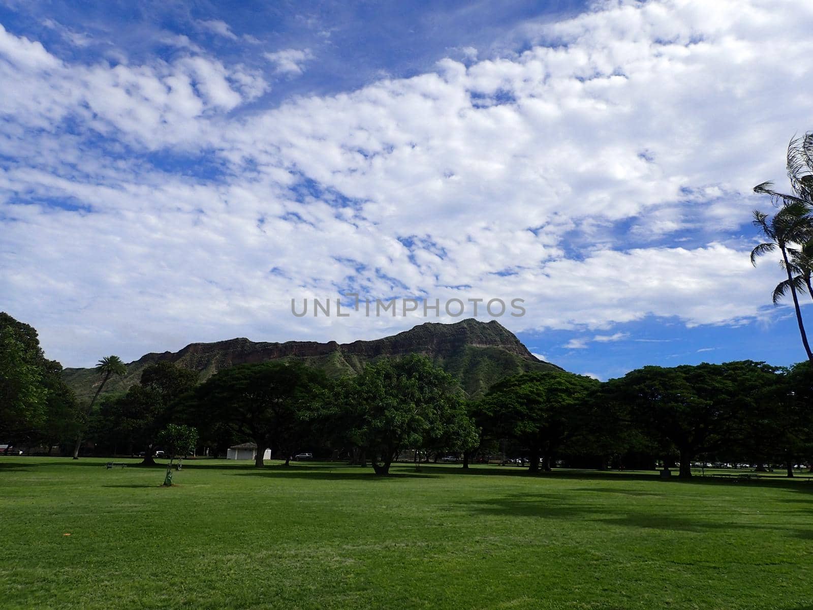 Kapiolani Park at during day with Diamond Head and clouds in the distance on Oahu, Hawaii.