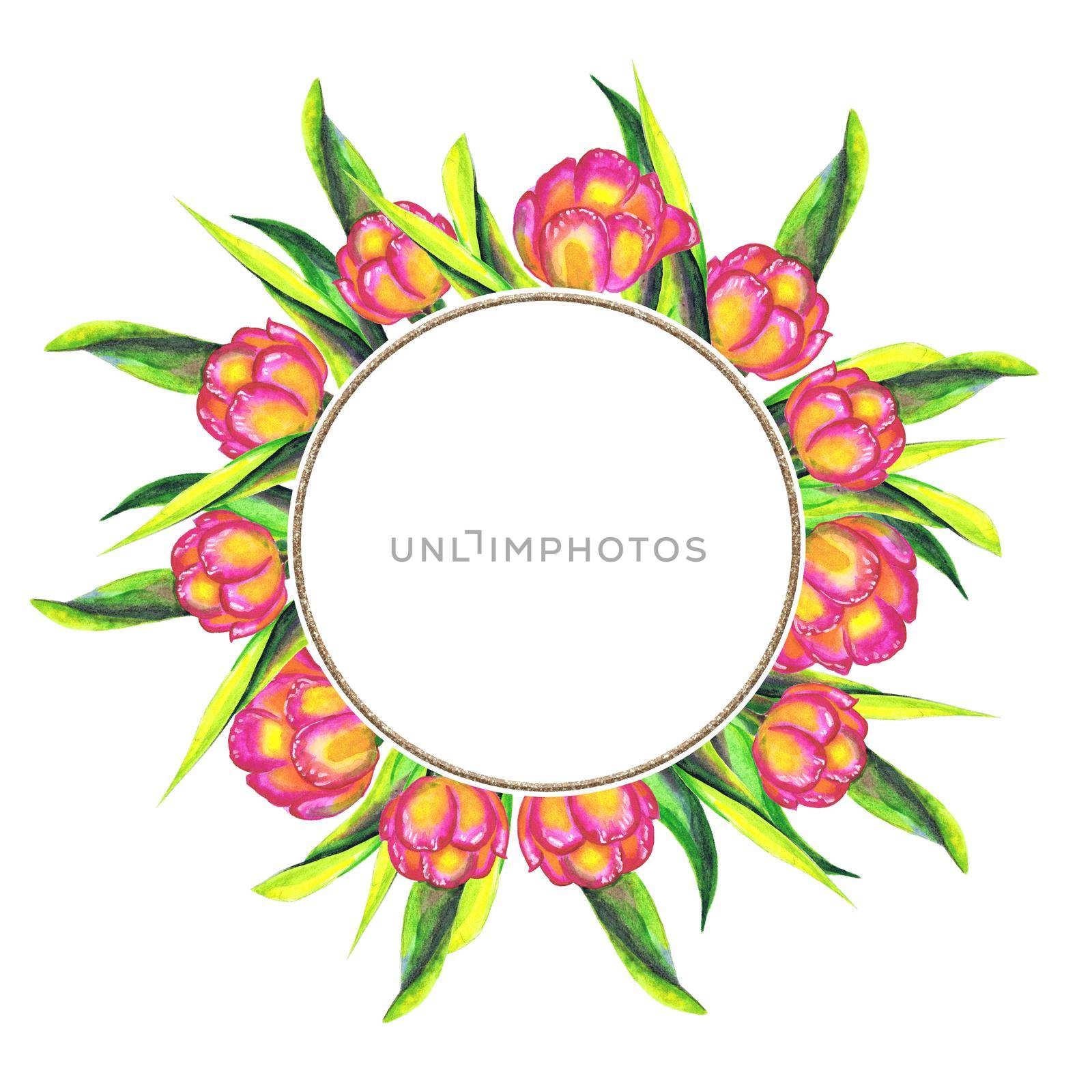 Watercolor tulips round frame with glitter. Hand drawn illustration by fireFLYart