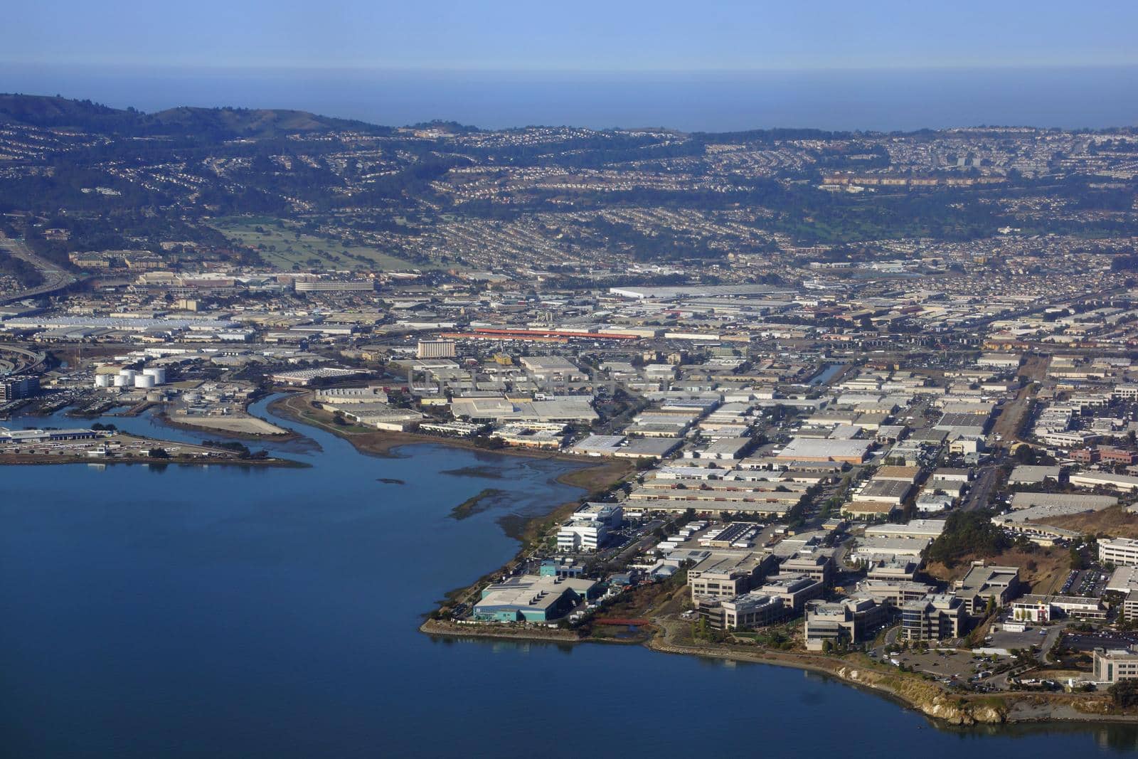 Aerial View of San Francisco Bay, City, and Pacific Ocean on a clear day.