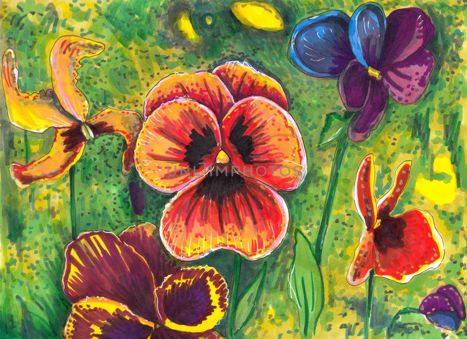 Hand drawn realistic multicolored pansies. Pen markers drawing. by tenny_rosehip