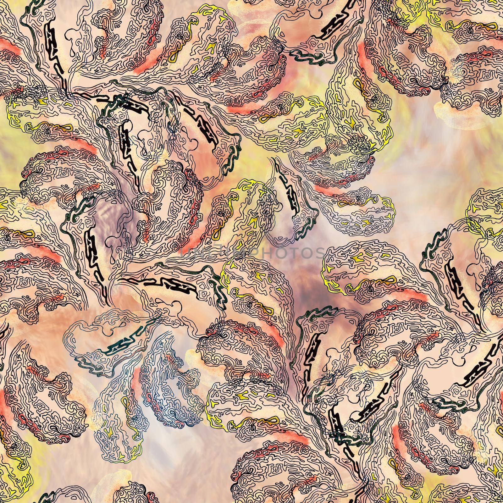 Layered wood fungus texture watercolor and graphic seamless pattern. Hand drawn illustration by fireFLYart