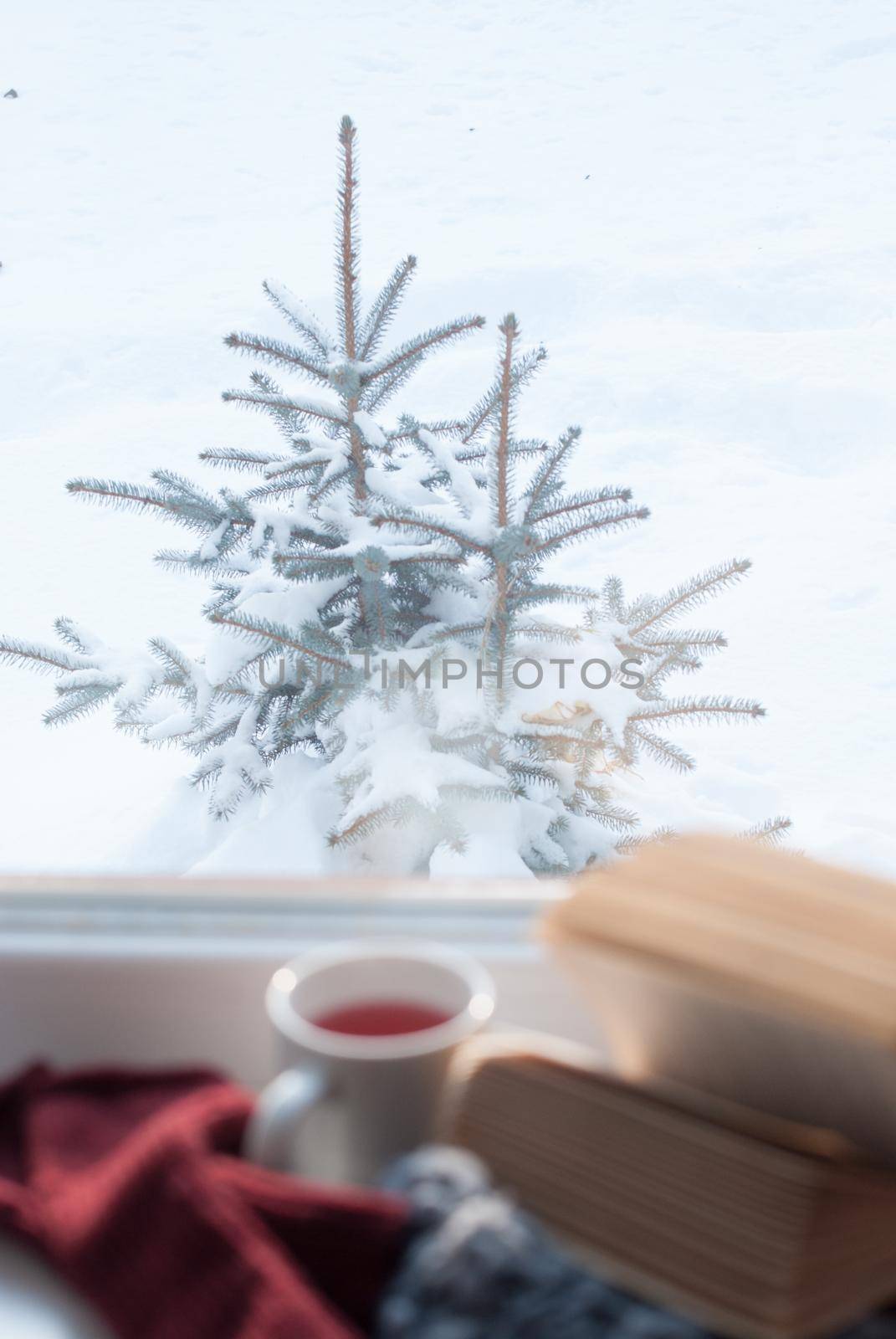 snow outside the window and open book indoor