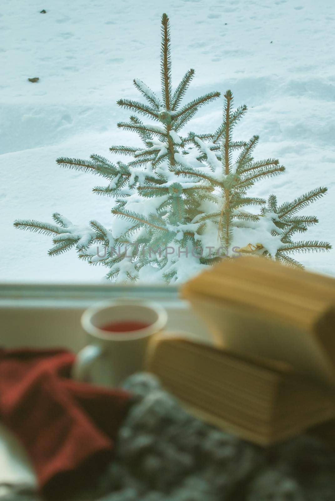 snow outside the window and open book indoor