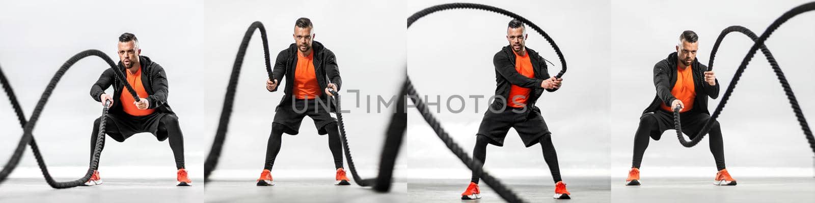 Collage. Battle rope workout for fat burning. Athletic man doing sports exercises. Collage for posting on a social network on the theme of fitness. by MikeOrlov