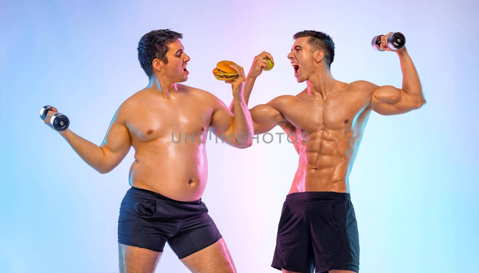 You are what you eat. Fat guy change a burger for an apple at an athlete. Awesome Before and After Weight Loss fitness Transformation. The man was fat but became athlet. Fat to fit concept