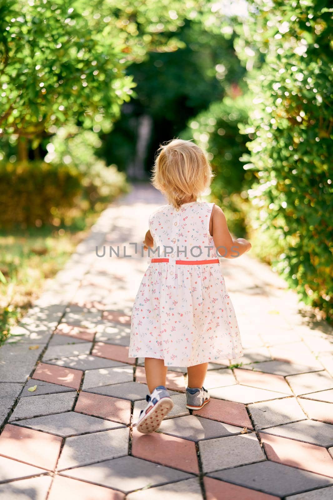 Little girl walks along the paving stones in a park. Back view by Nadtochiy