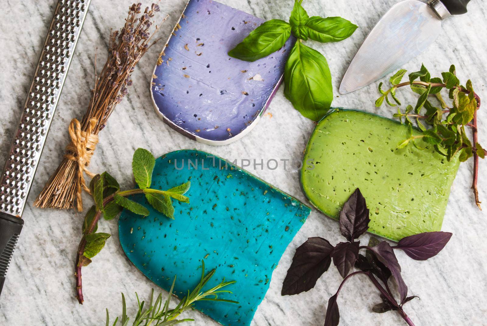 delicious cheese with hearbs lavender, rosmarino and basil