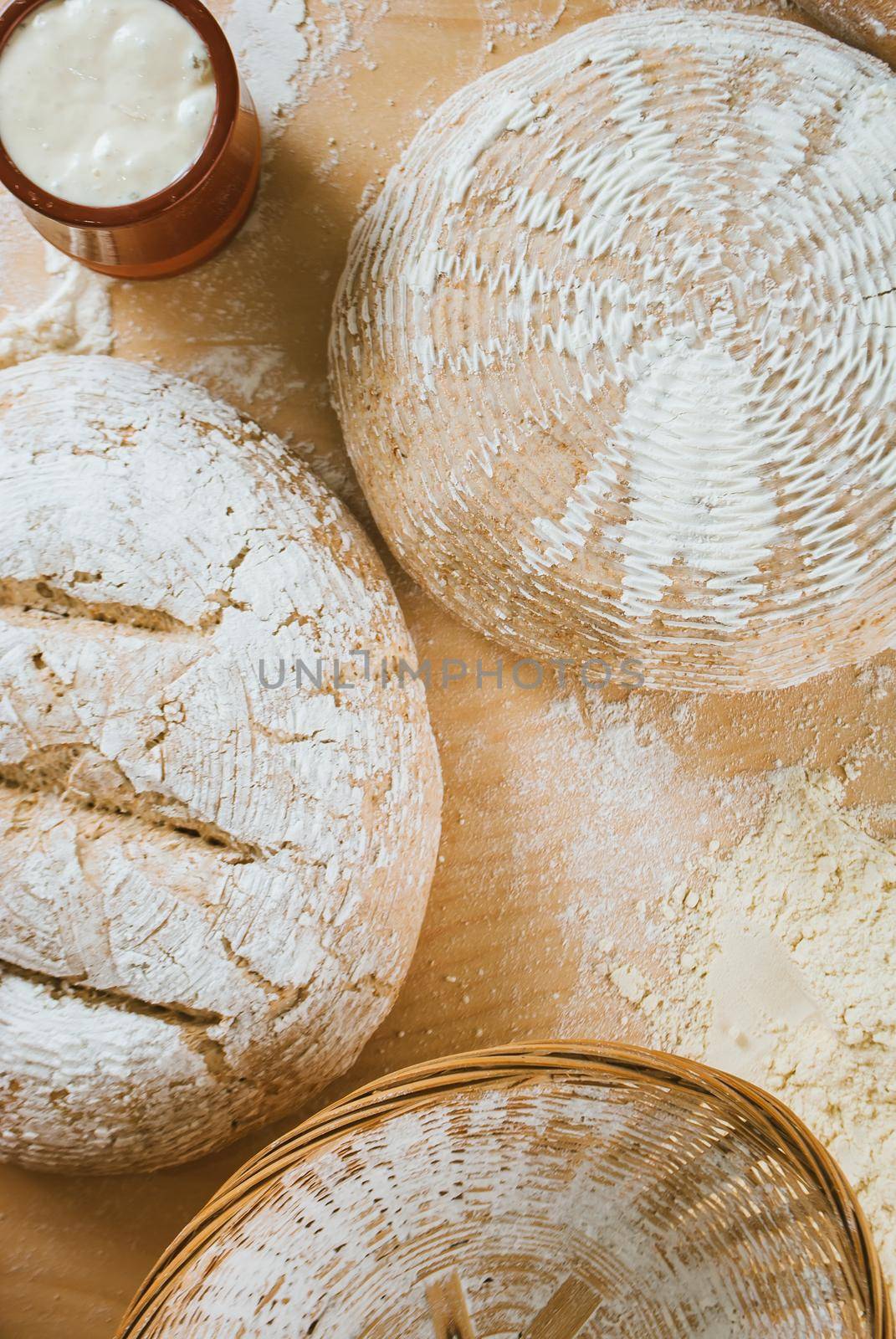 Homemade bread from wholegrain flour and fermented yeast ready to be backed