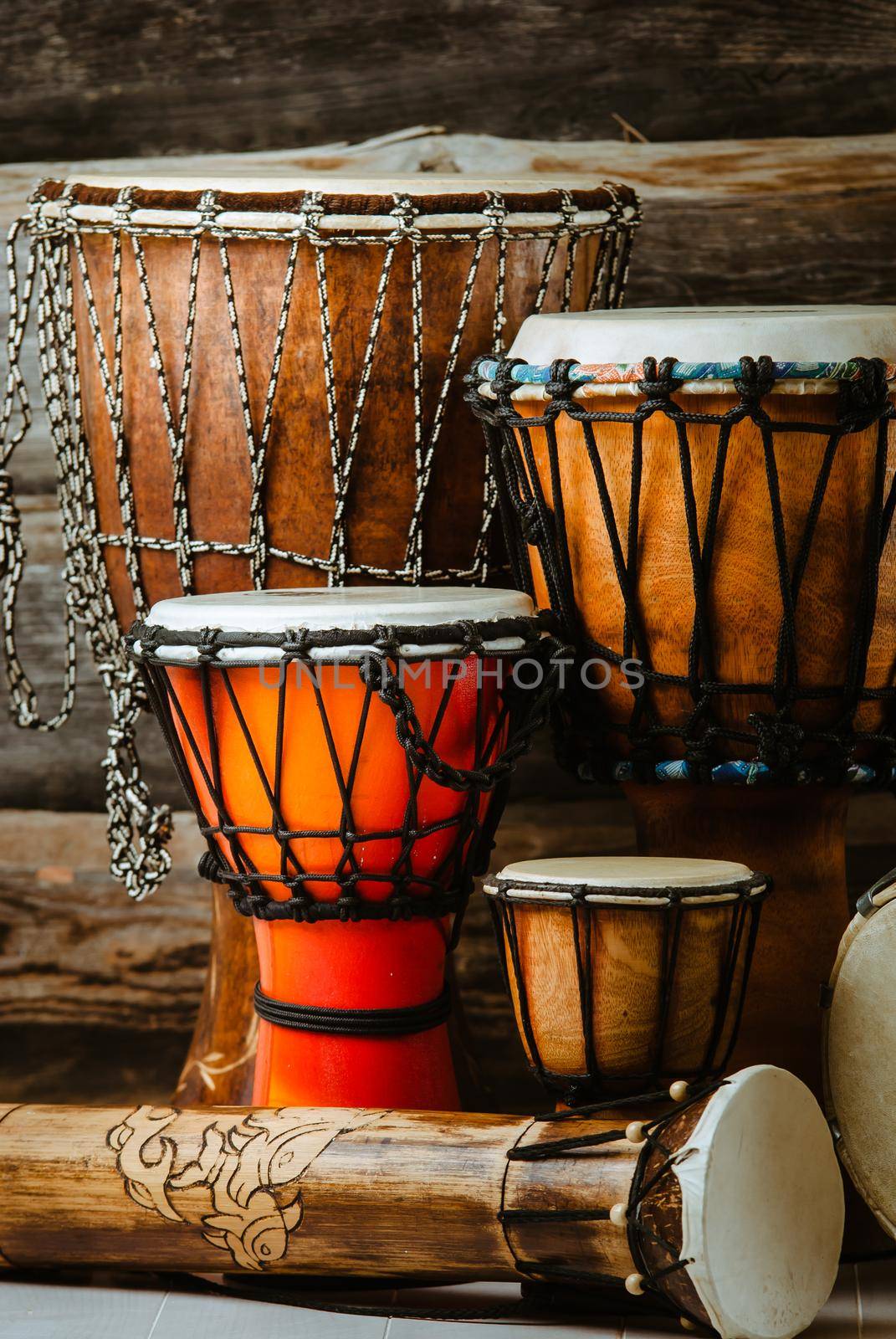 variation of ethnic drums different sizes from small to huge