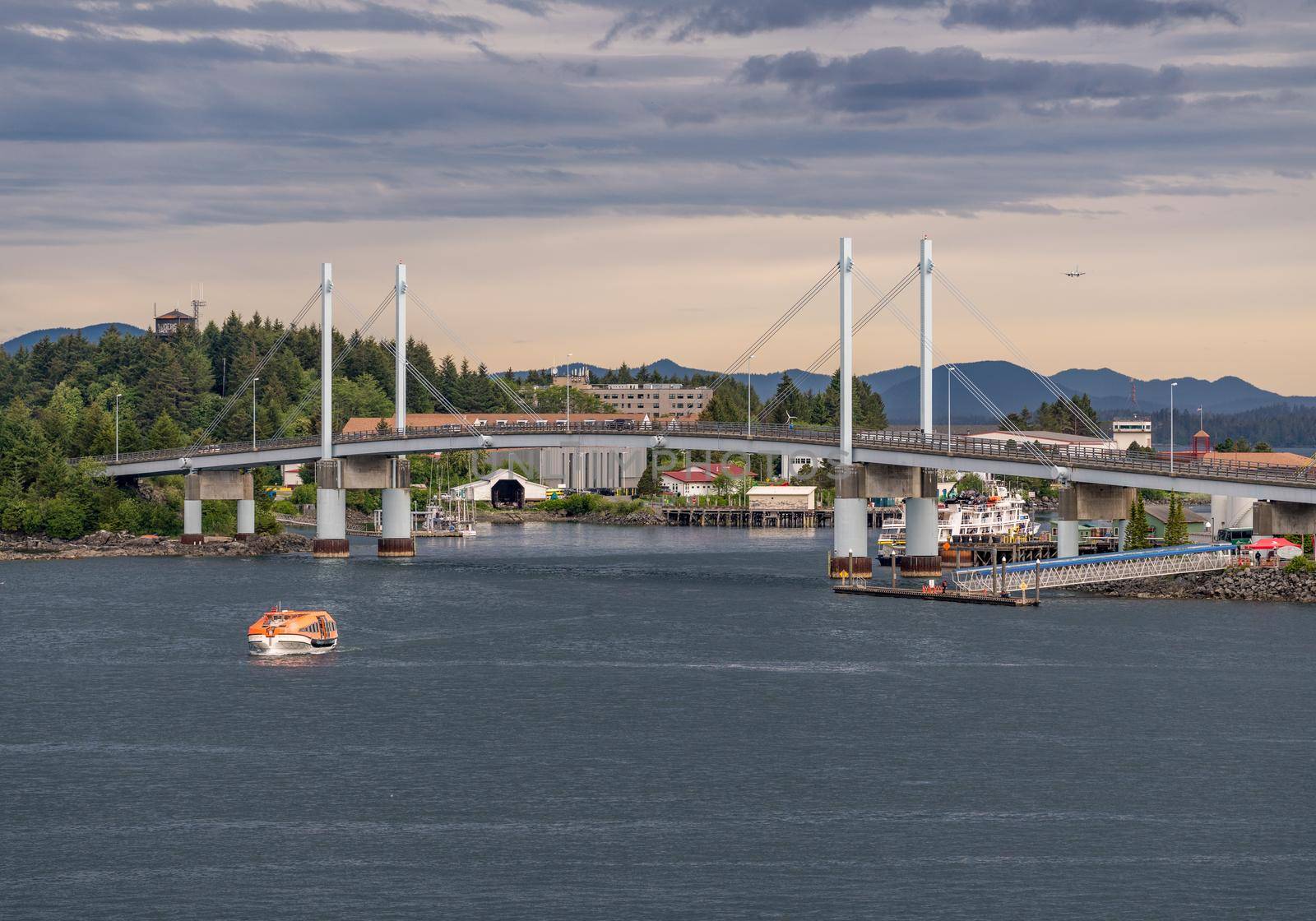 Sitka, AK - 8 June 2022: Viking Orion tender boat leaves docks in Sitka in Alaska