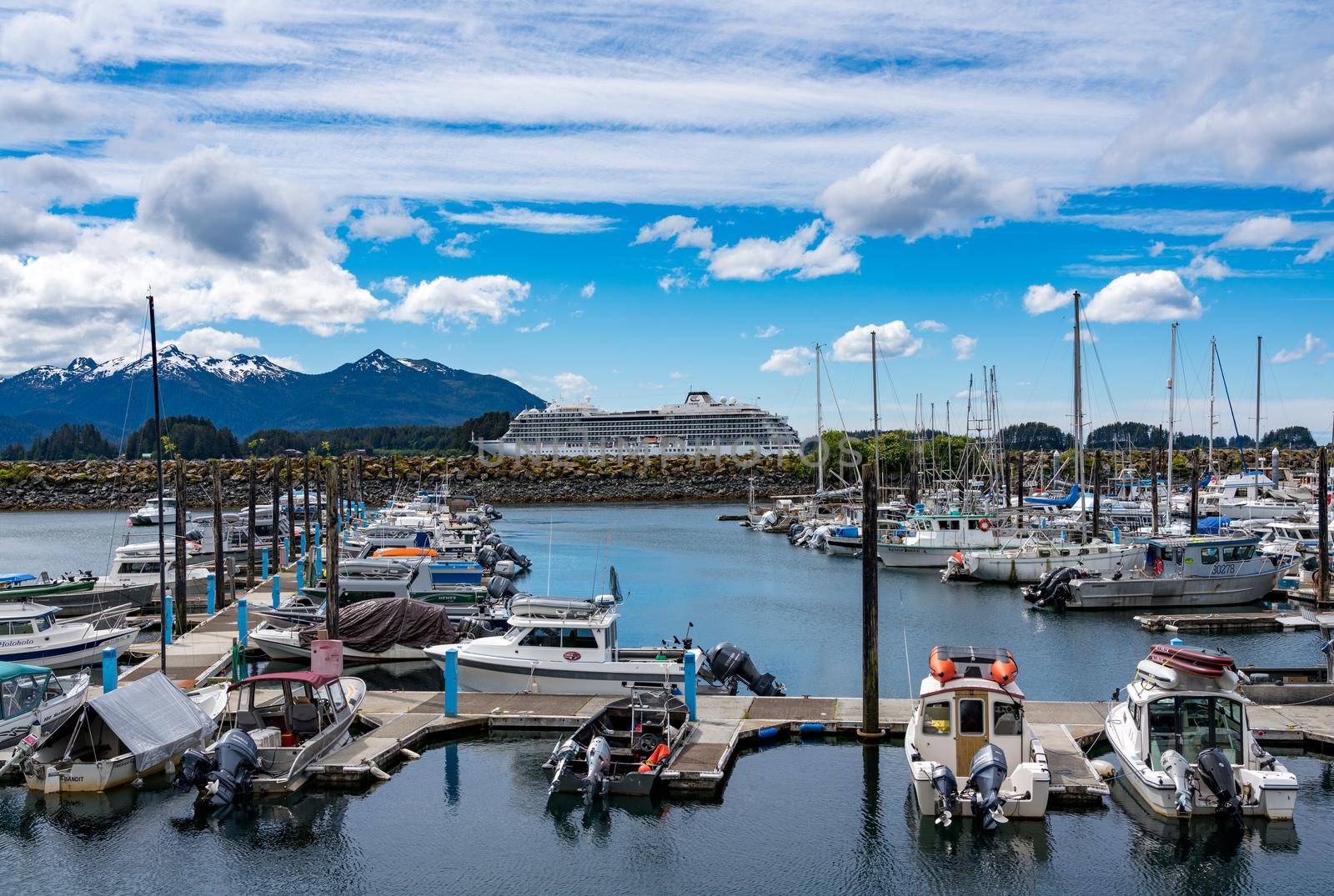 Sitka, AK - 8 June 2022: Viking Orion cruise ship by the harbor in Sitka, Alaska
