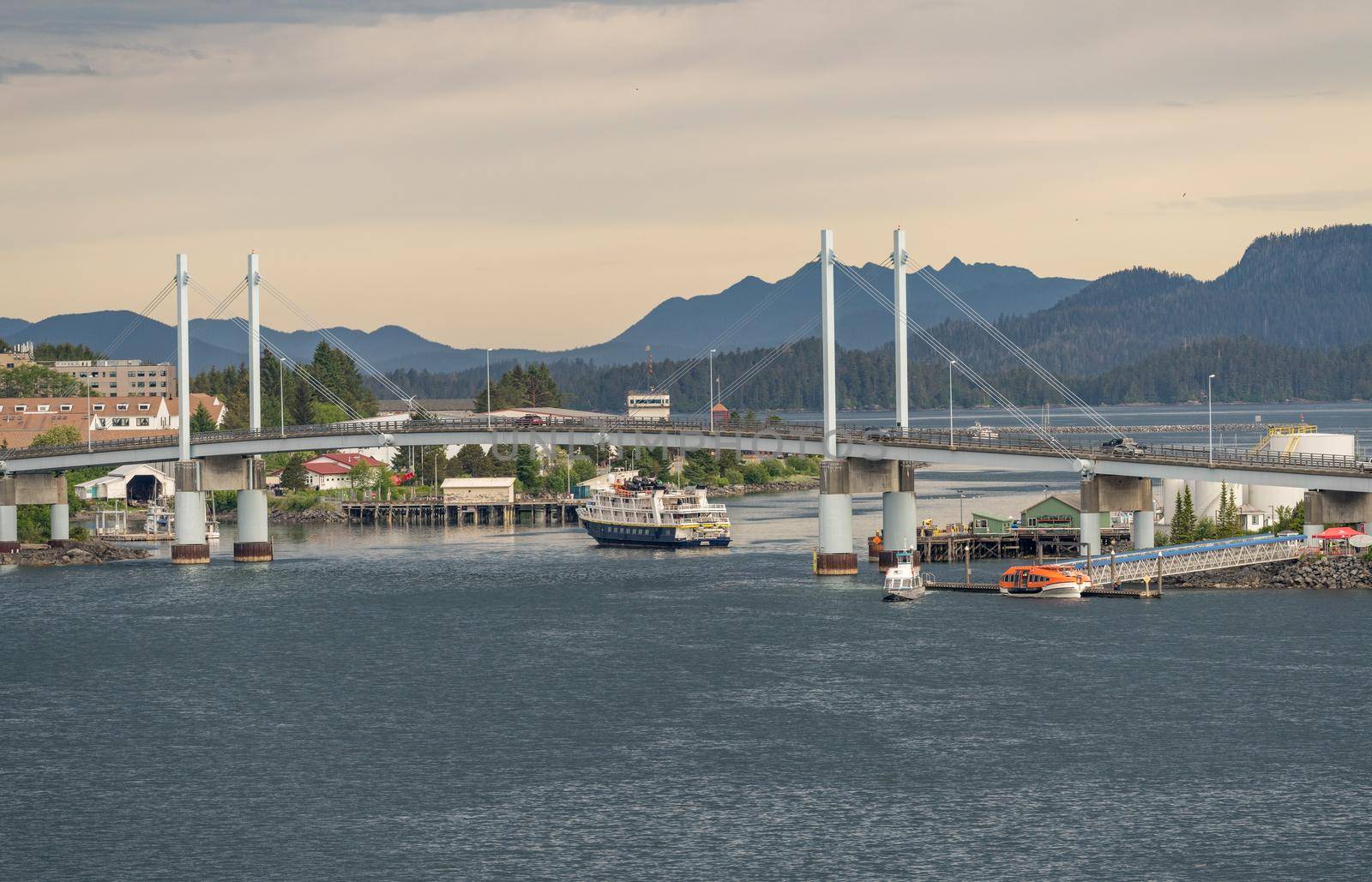 Sitka, AK - 8 June 2022: National Geographic cruise boat Seabird docks in Sitka in Alaska