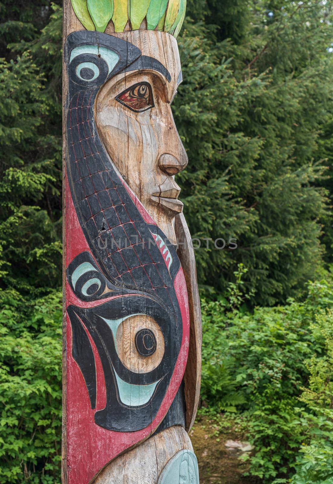 Sitka, AK - 8 June 2022: Totem poles displayed in the Sitka National Historical park in Alaska