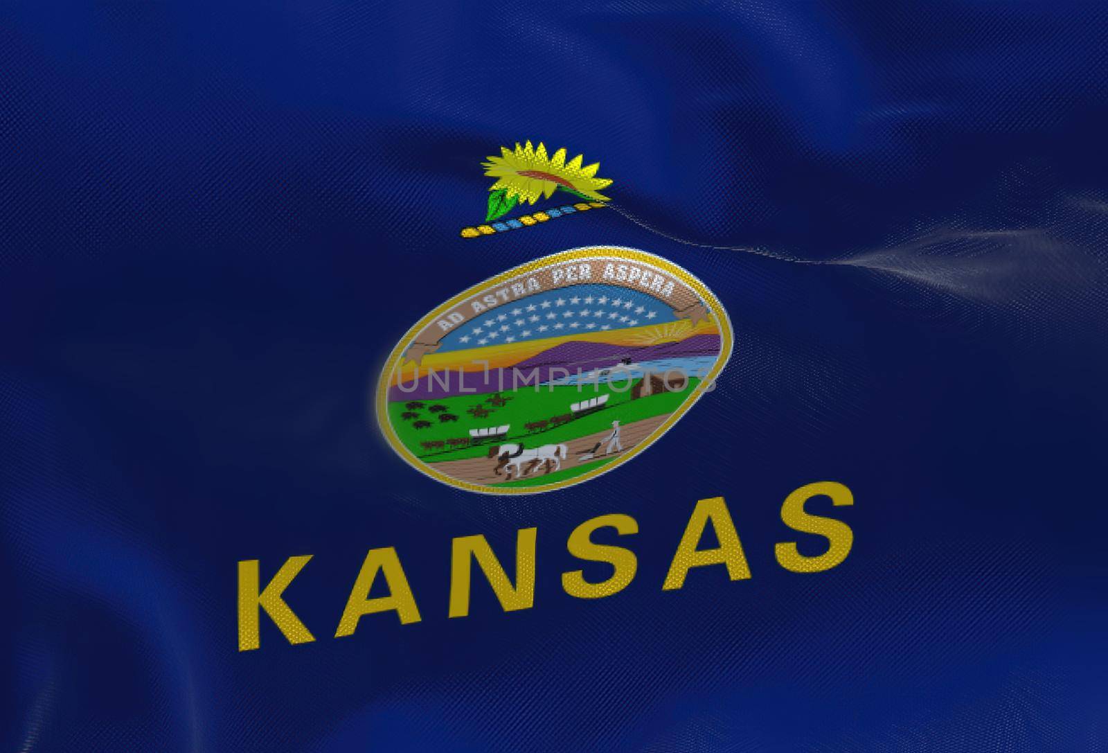 Fabric background with the flag of Kansas waving. Kansas is a state in the Midwestern United States. Democracy and independence.