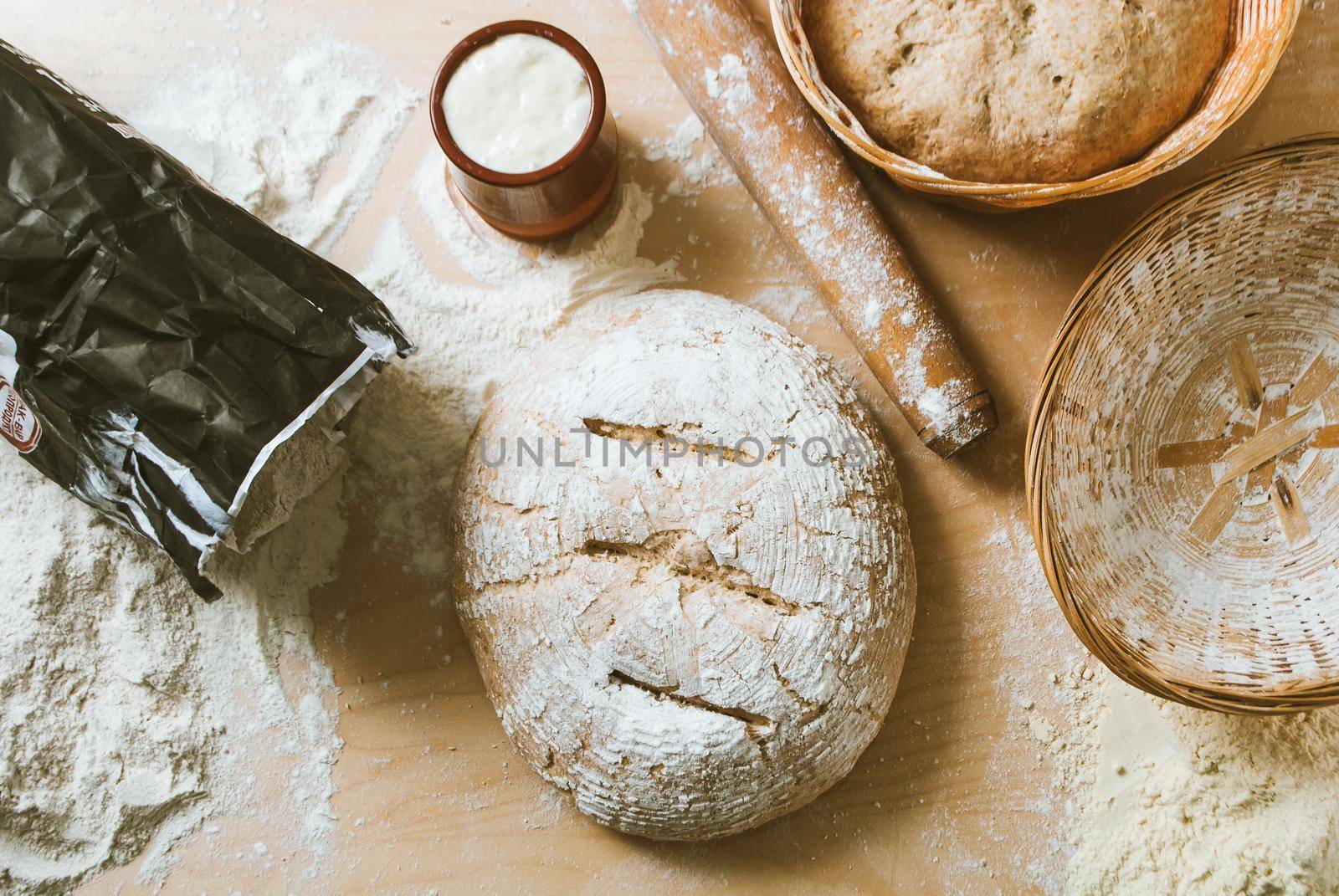 Homemade bread from wholegrain flour and fermented yeast ready to be backed