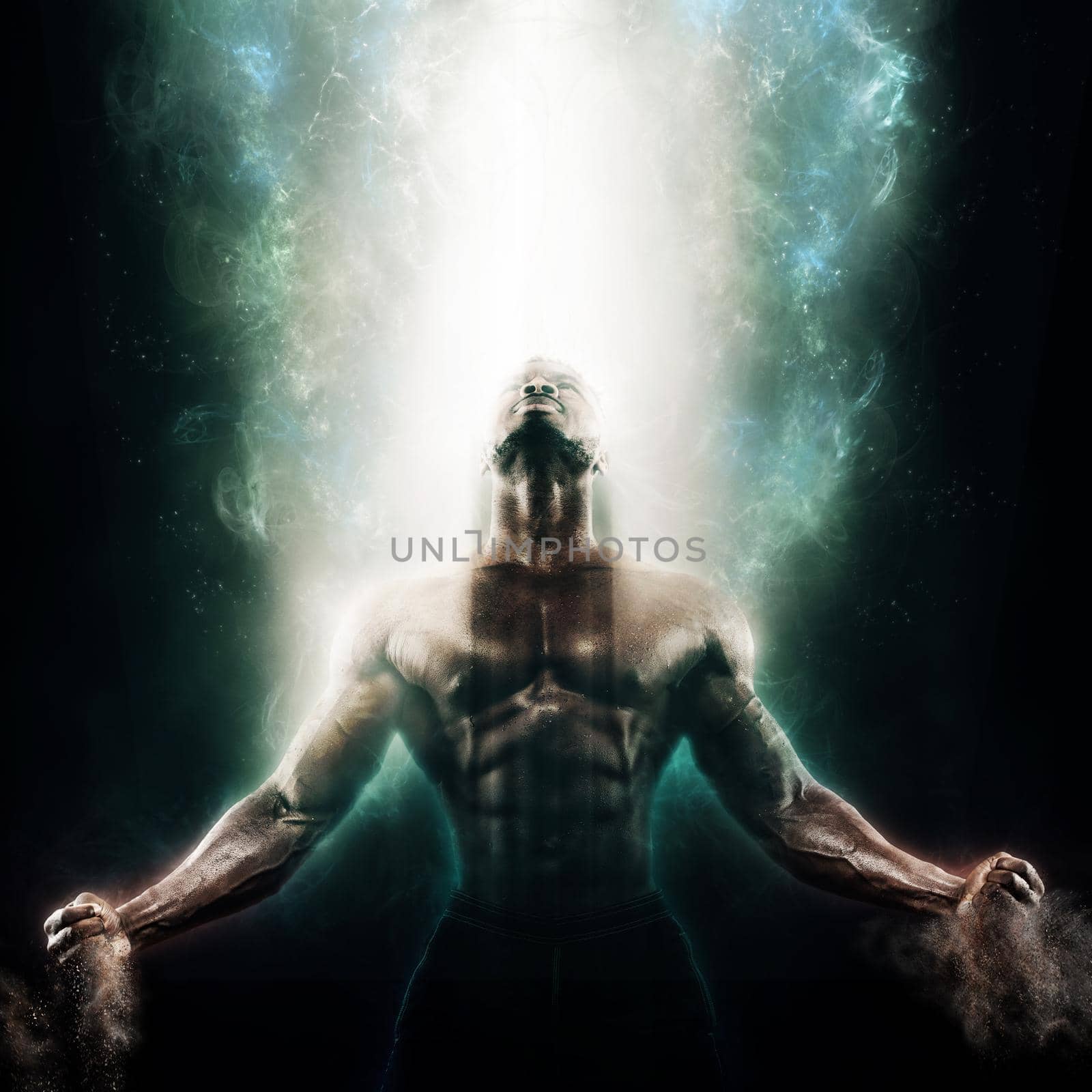 Sports wallpaper on dark background. Power athletic guy bodybuilder. Fire, smoke and energy.