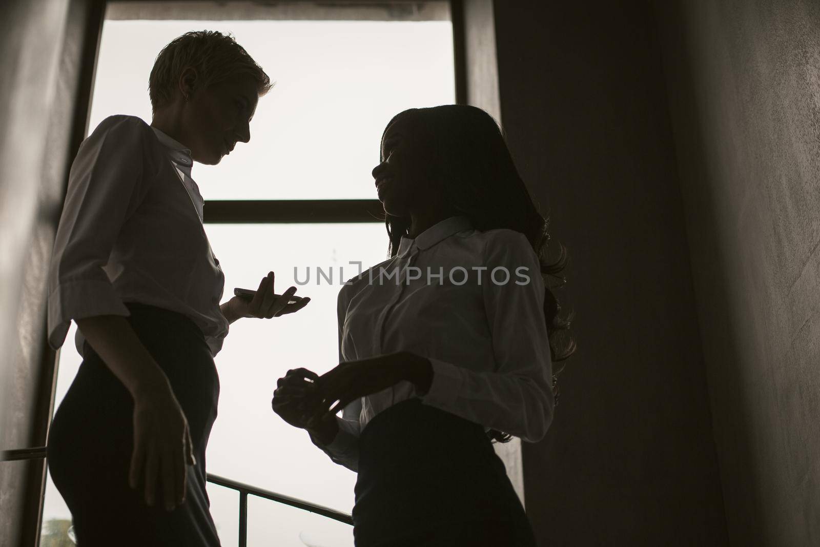 Two Charming Business Women Have Discussion In The Office Lobby, African And Caucasian Female Office Workers Talking Face To Face While Standing In Back Lit Near Window Indoors, Toned Image