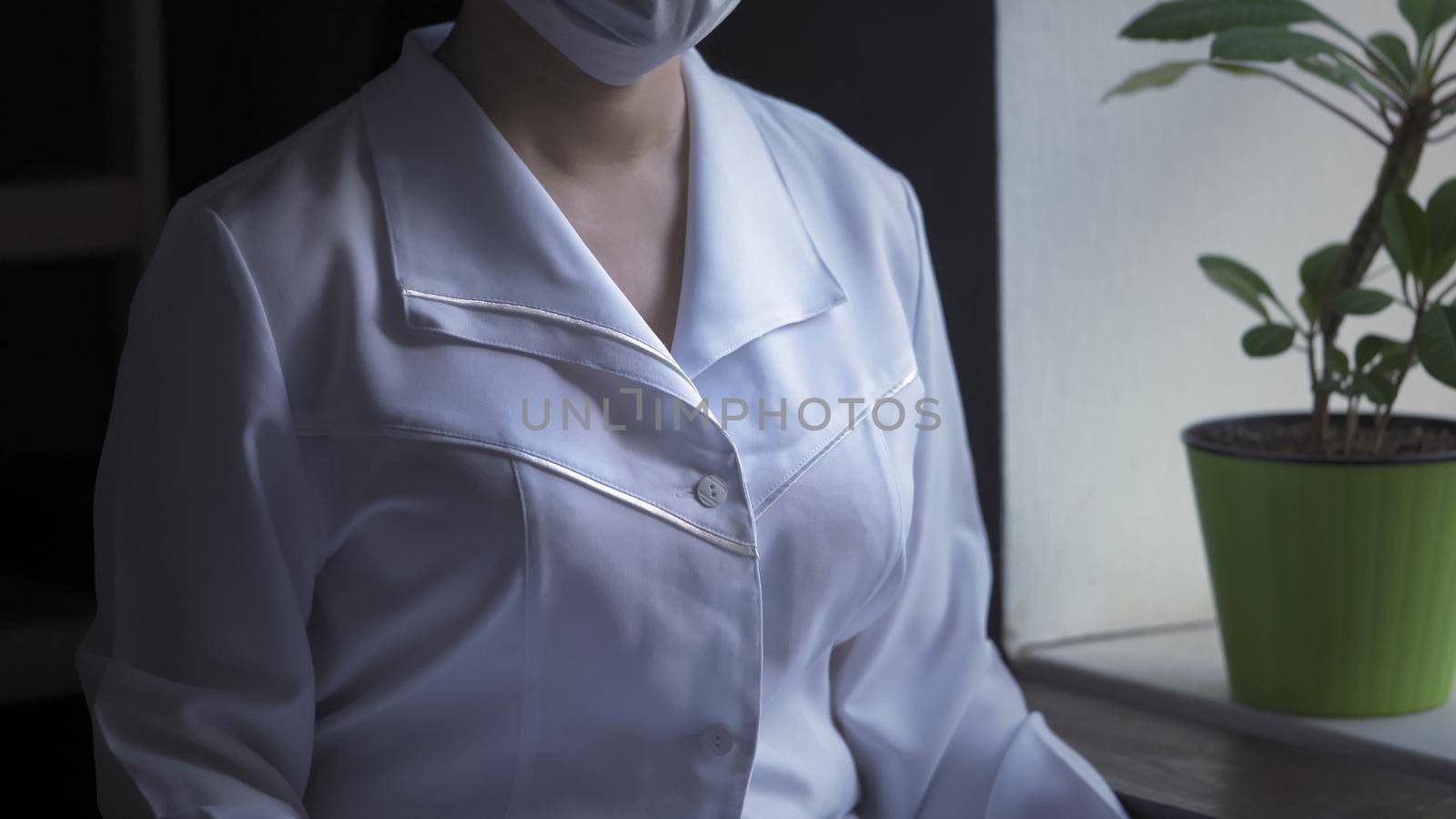 Female Medical Worker In A White Medical Coat Standing Near Window With Green Plant In Pot On It, Doctor In His Medical Office, Unrecognizable Portrait Of Female Doctor, Cropped Image