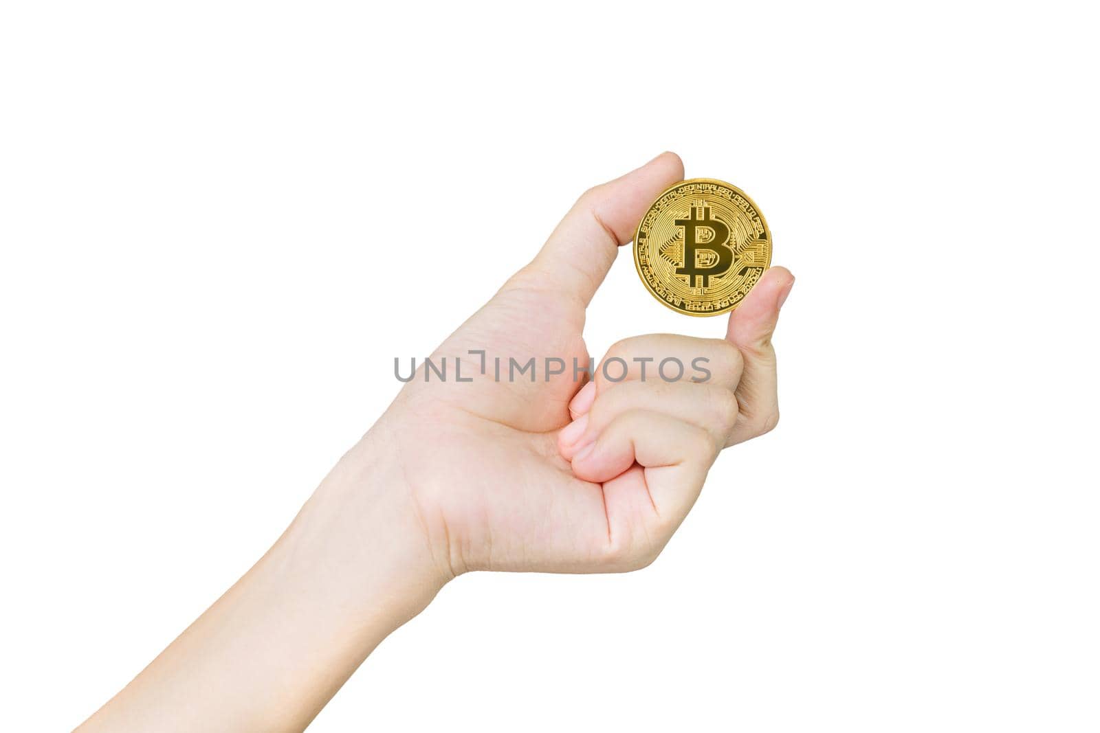 Close up of businesswoman holding some pieces of golden Bitcoin token by stoonn