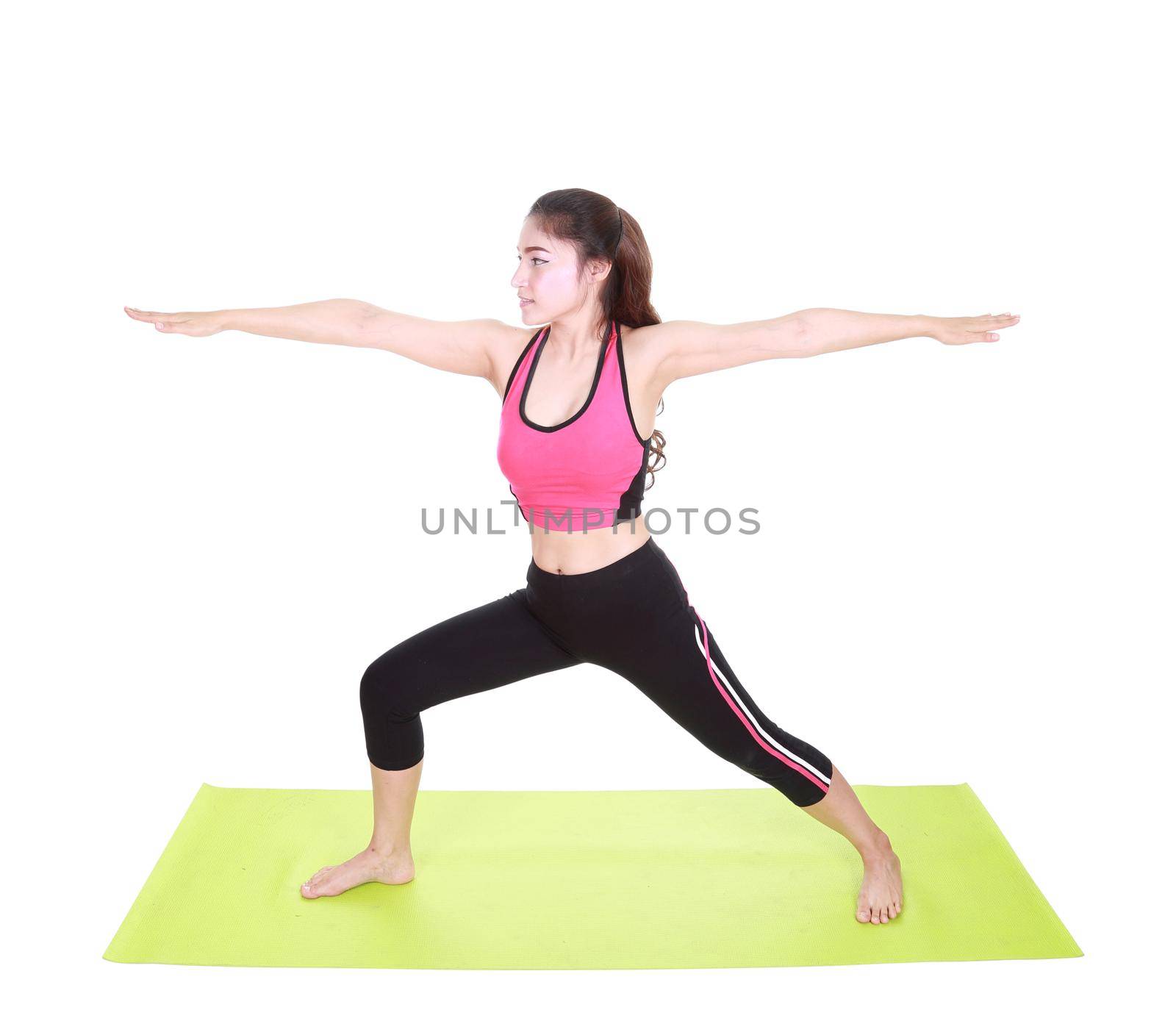 Young woman doing yoga exercise with yoga mat isolated on white background