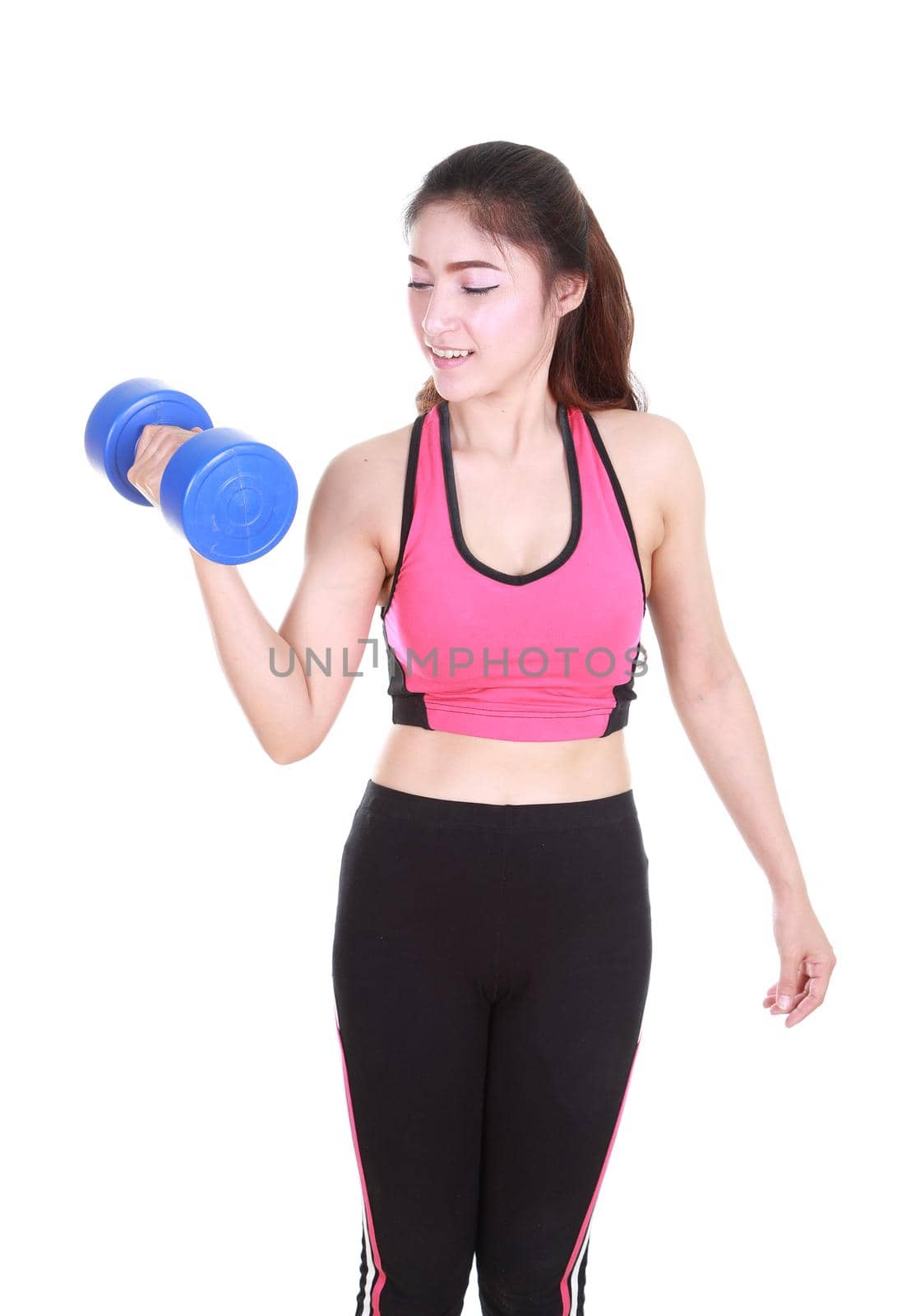 Fitness woman with dumbbell isolated on white background