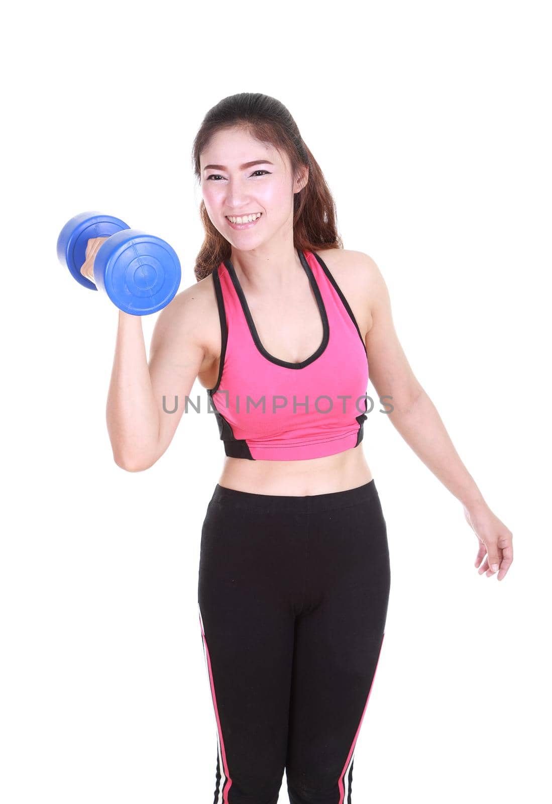 Fitness woman with dumbbell isolated on white background